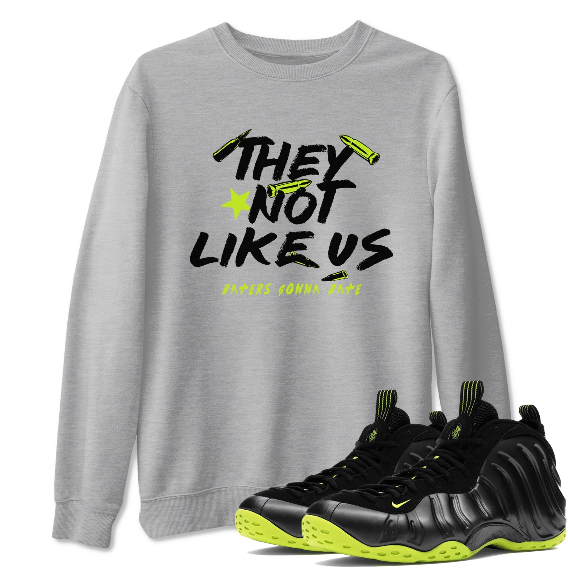 Foams One Black Volt shirts to match jordans They Not Like Us sneaker match tees Air Foamposite One Black and Volt match shoes to clothes SNRT Sneaker Tees unisex cotton Heather Grey 1 shirts