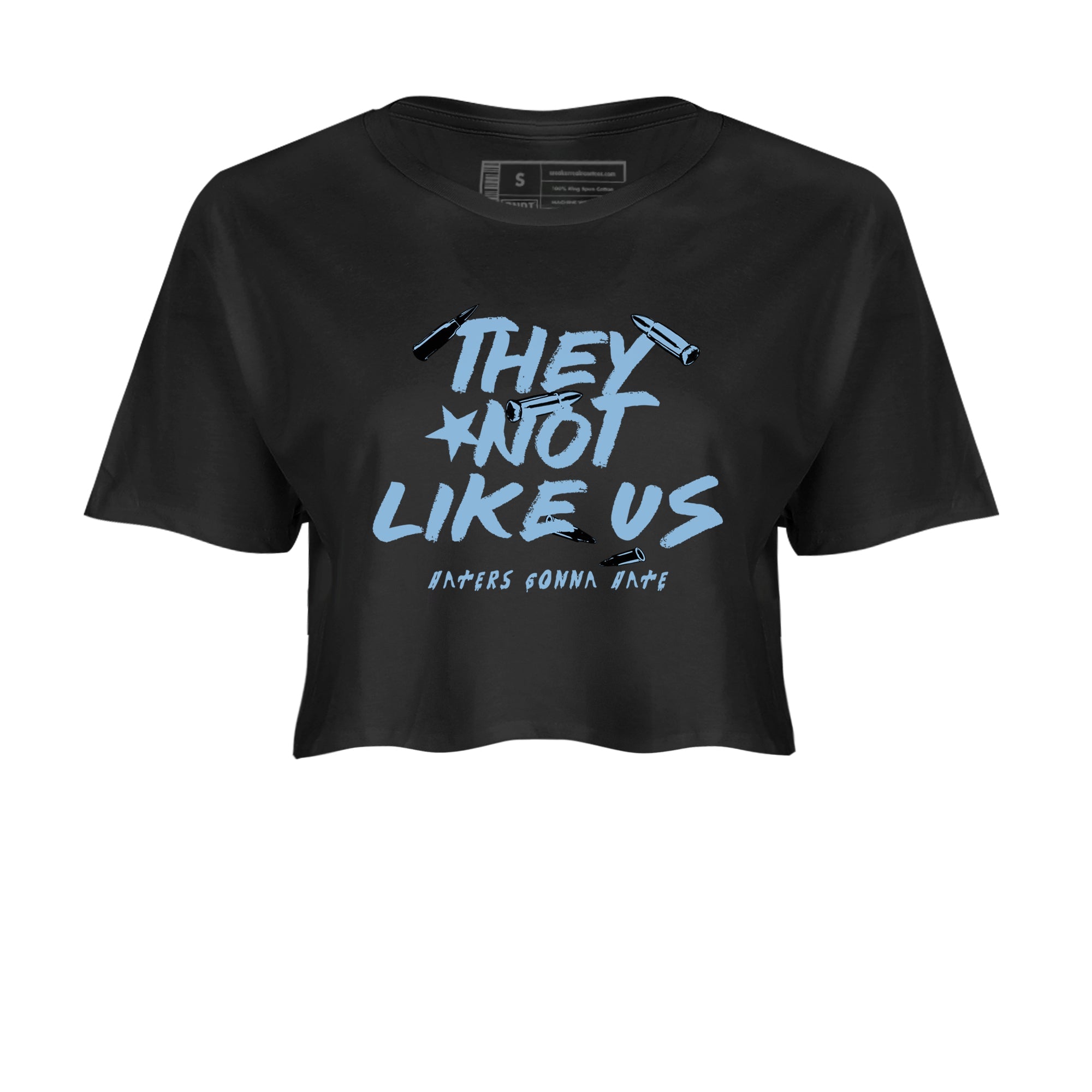They Not Like Us womens crop tee made to vibe with the Air Foamposite One Psychic Blue sneakers — the perfect match in Black 2.