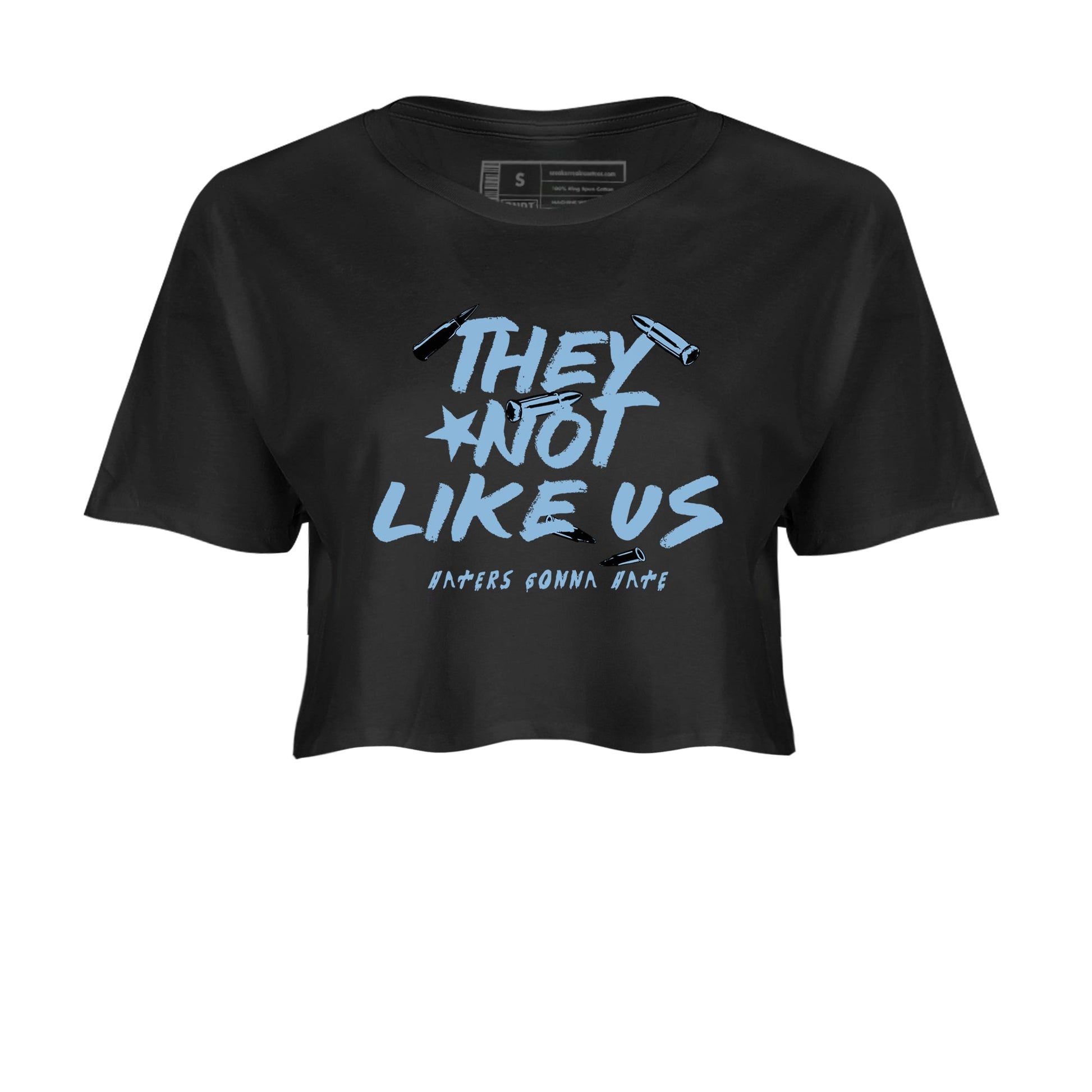 They Not Like Us womens crop tee made to vibe with the Air Foamposite One Psychic Blue sneakers — the perfect match in Black 2.
