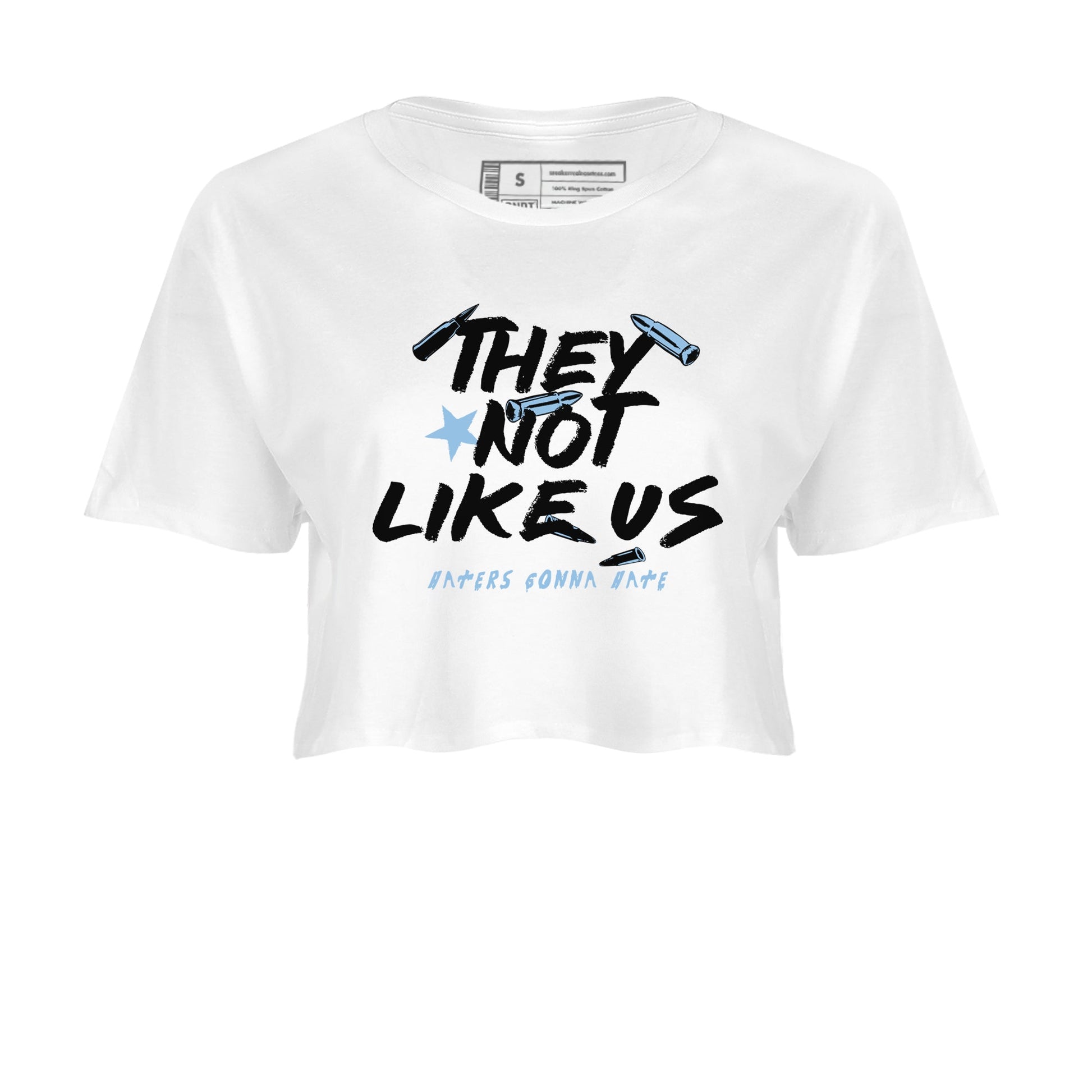 They Not Like Us womens crop tee made to vibe with the Air Foamposite One Psychic Blue sneakers — the perfect match in White 2.