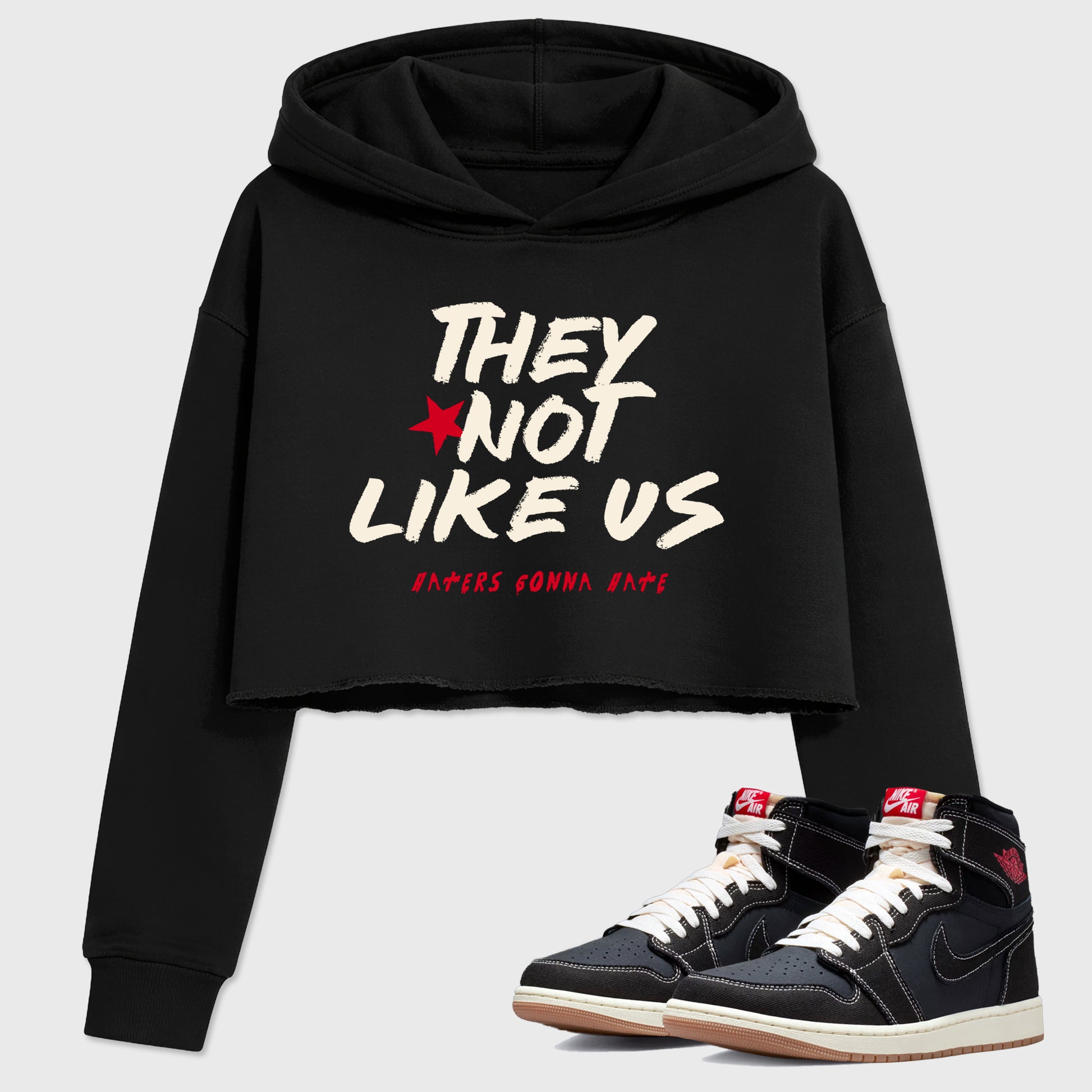 Sneaker match tees – Sneaker Tees To Match Air Jordan 1 Flight Club Shoes – They Not Like Us Crop T-Shirt Black 1