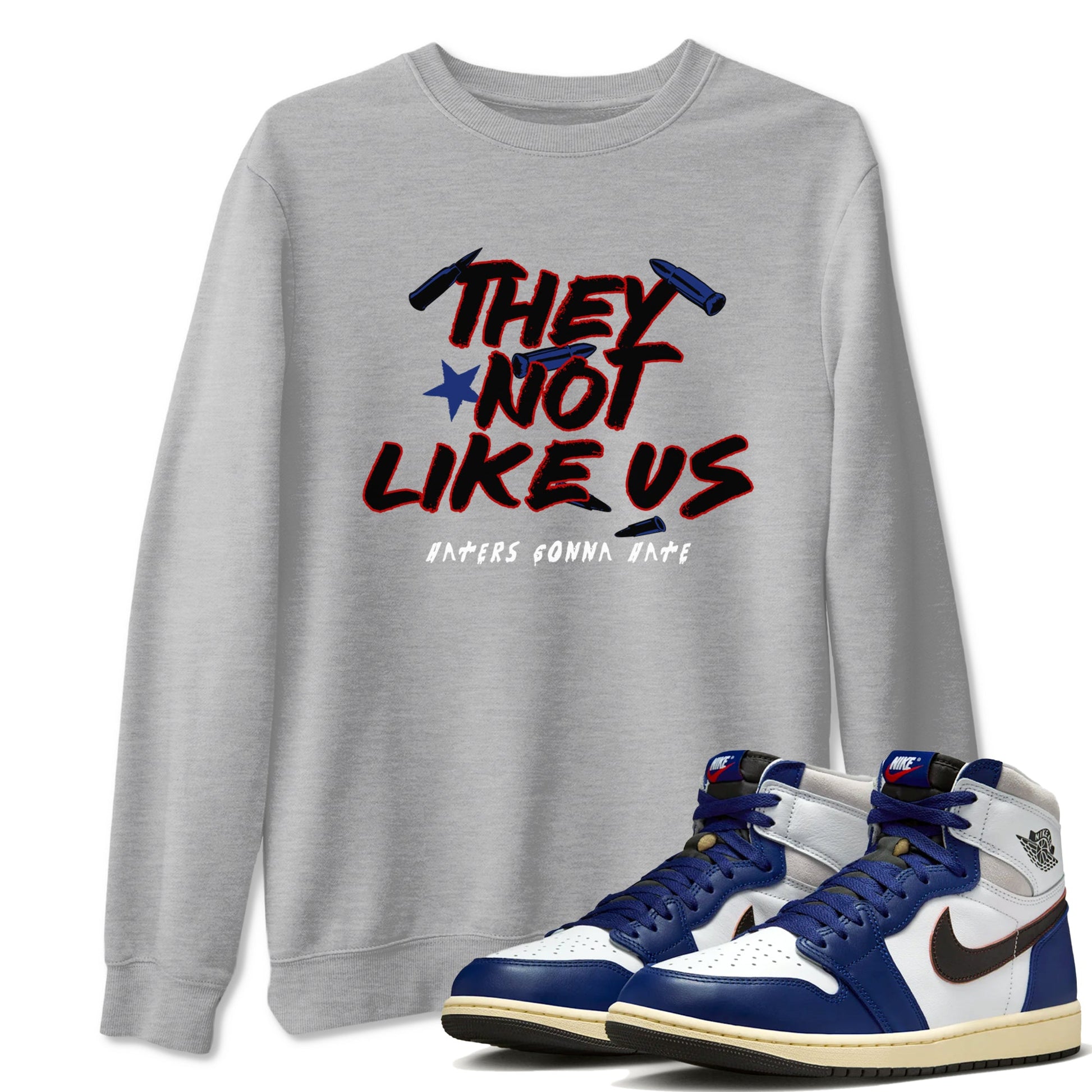 1s Rare Air shirts to match jordans They Not Like Us sneaker match tees Air Jordan 1 High OG Rare Air Deep Royal Blue match shoes to clothes SNRT Sneaker Tees unisex cotton Heather Grey 1 shirts