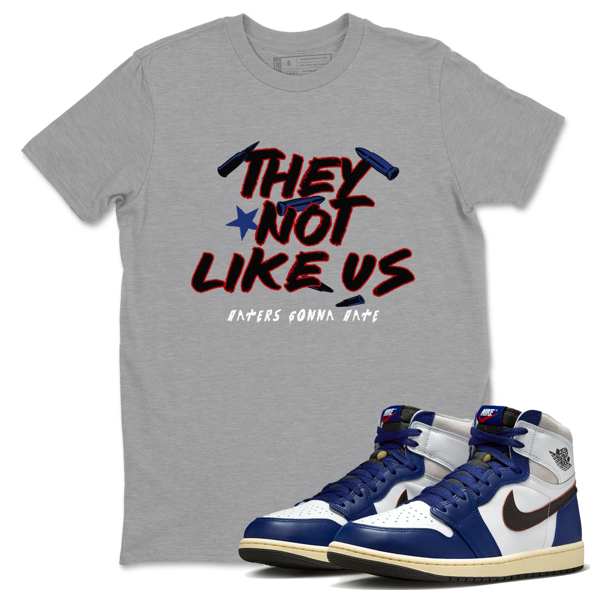 1s Rare Air shirts to match jordans They Not Like Us sneaker match tees Air Jordan 1 High OG Rare Air Deep Royal Blue match shoes to clothes SNRT Sneaker Tees unisex cotton Heather Grey 1 shirts
