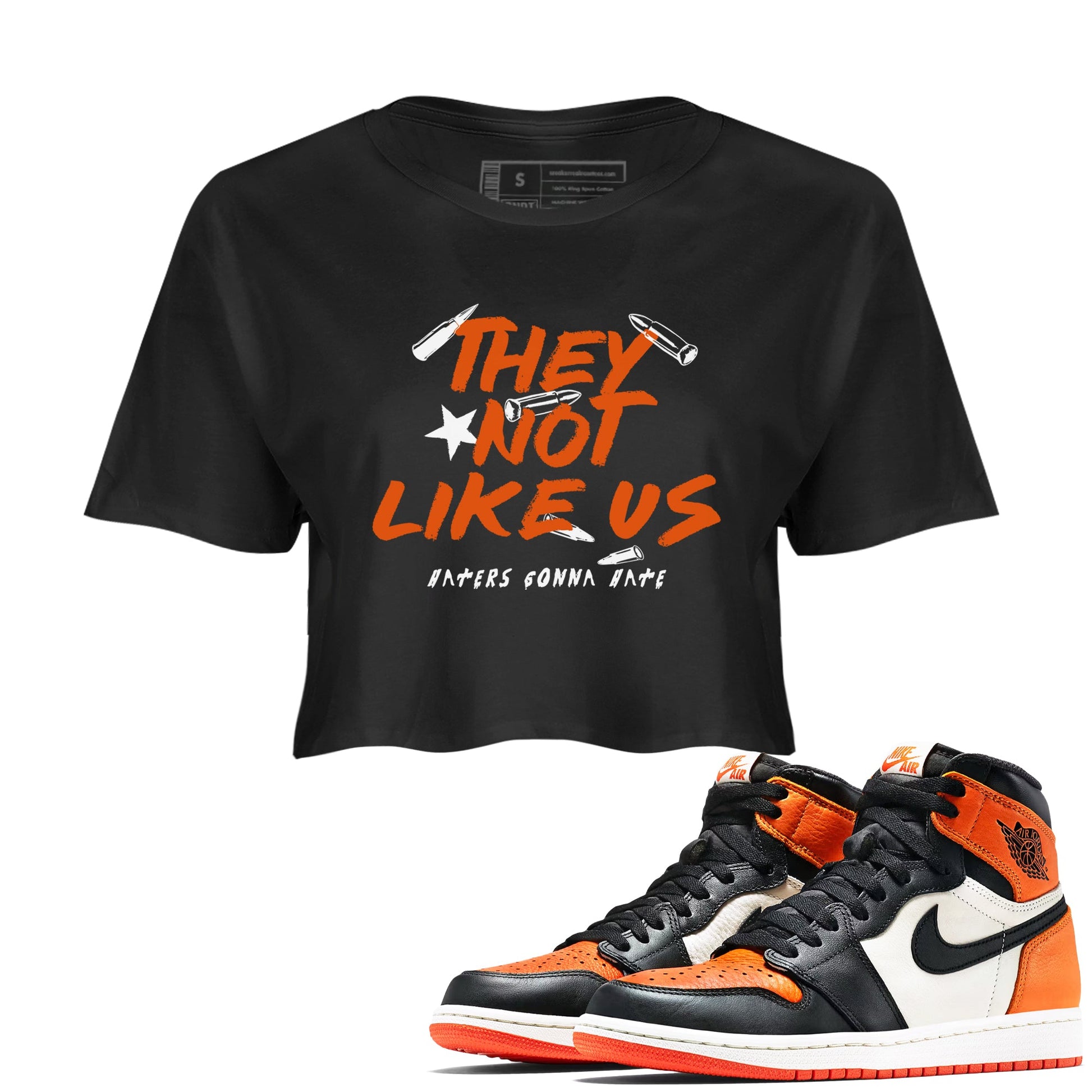 Sneaker match tees – Sneaker Tees To Match Air Jordan 1 Shattered Backboard Shoes – They Not Like Us Crop T-Shirt Black 1