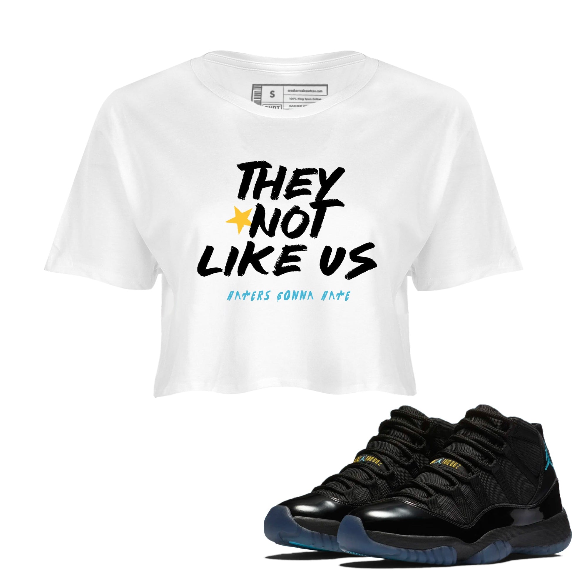 Sneaker match tees – Sneaker Tees To Match Air Jordan 11 Gamma Shoes – They Not Like Us Crop T-Shirt White 1