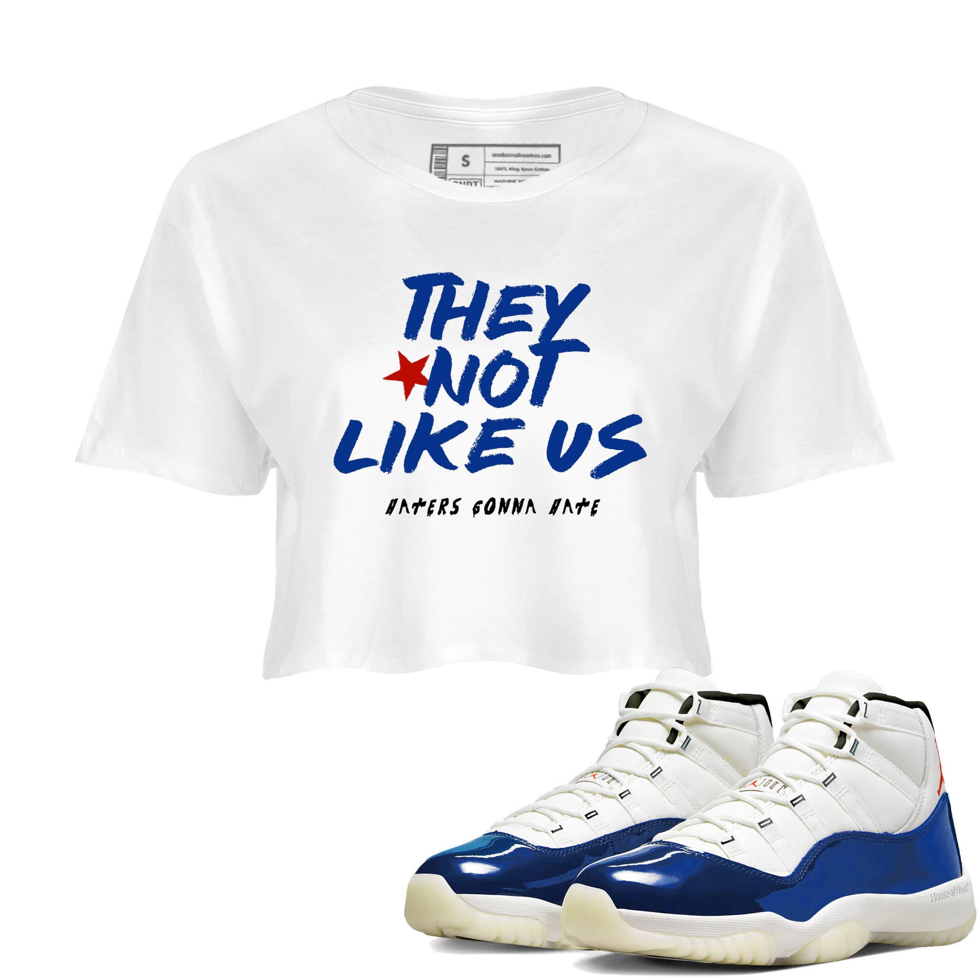 White t-shirt with text and blue and white sneakers on a white background