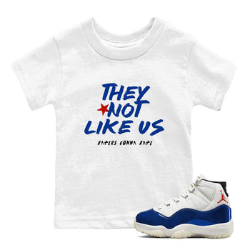 White t-shirt with blue text and a sneaker on a white background