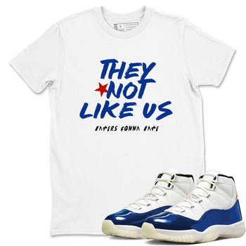 White t-shirt with blue and red text and white sneakers with blue accents on a white background