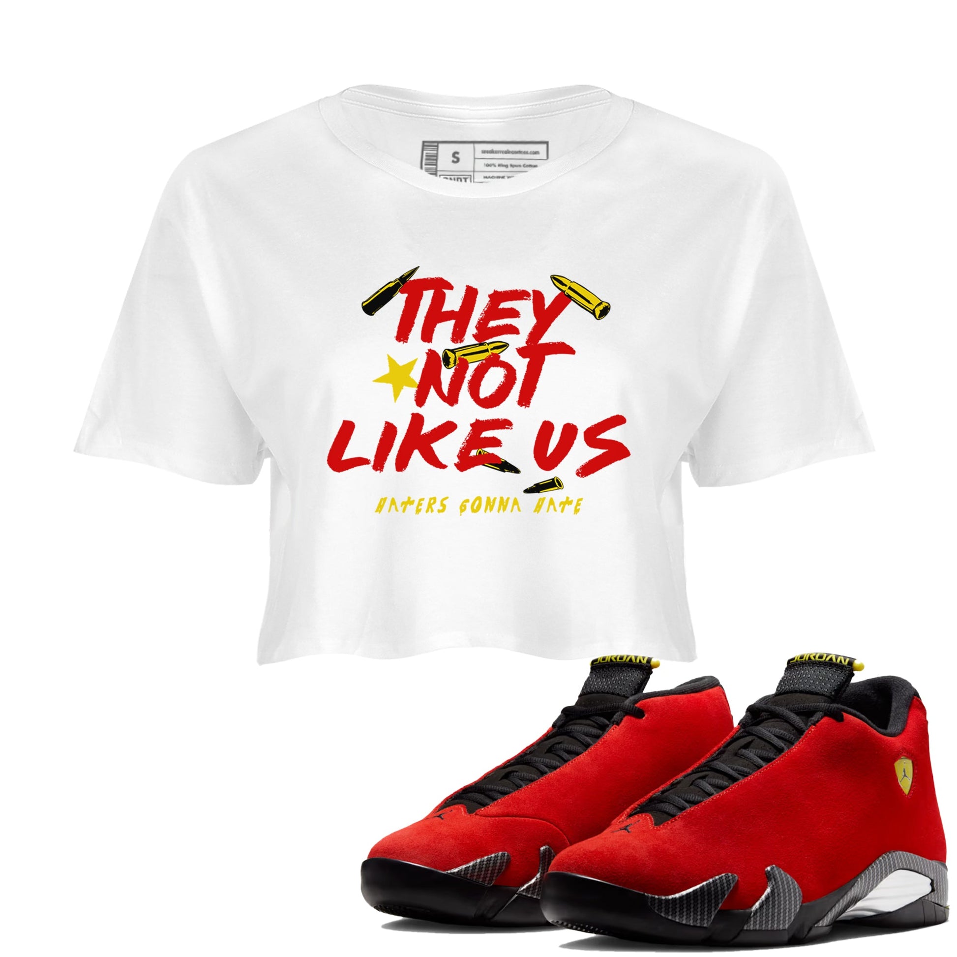 They Not Like Us womens crop tee made to vibe with the Air Jordan 14 Challenge Red sneakers — the perfect match in White 1.