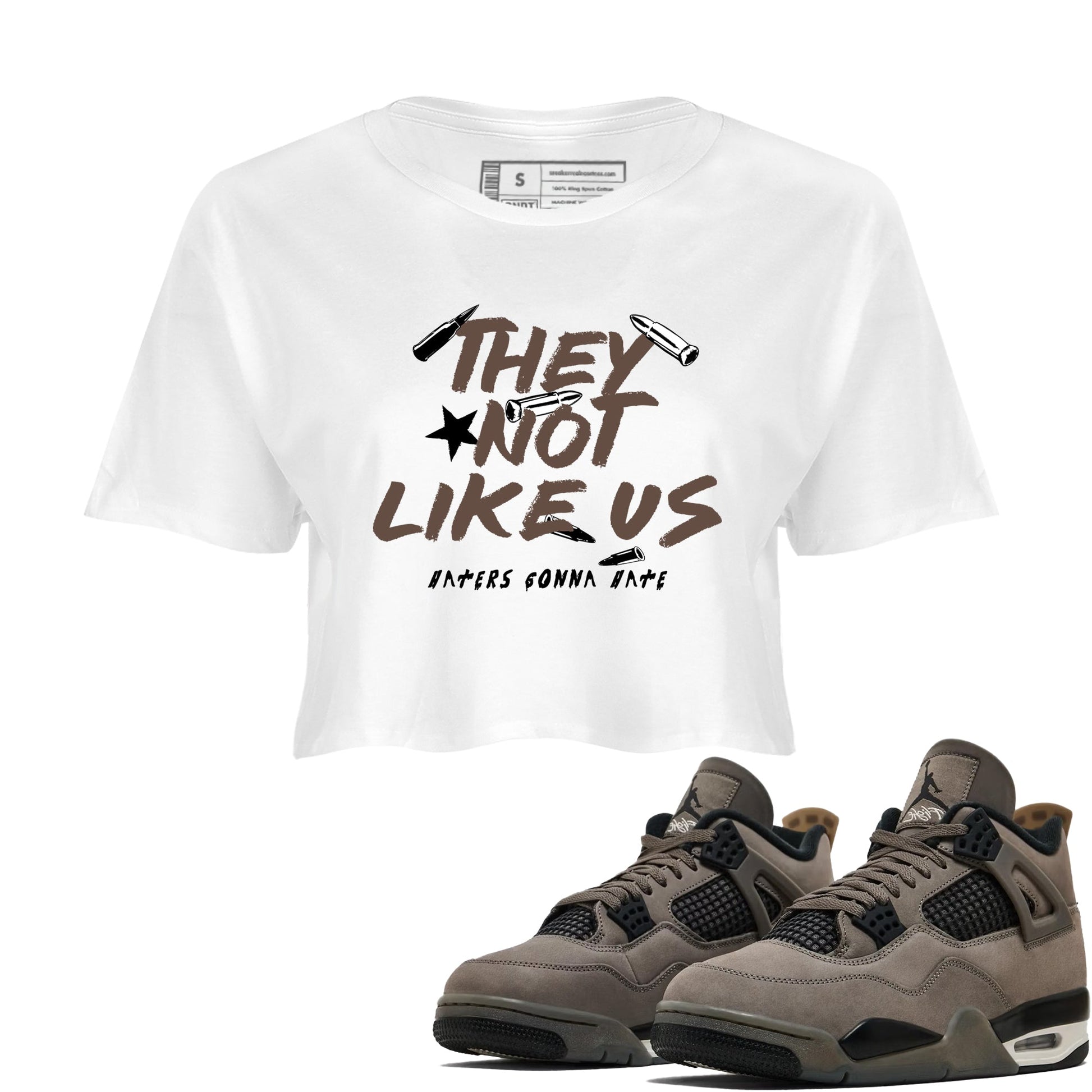 Sneaker match tees – Sneaker Tees To Match Air Jordan 4 Cave Stone Shoes – They Not Like Us Crop T-Shirt White 1