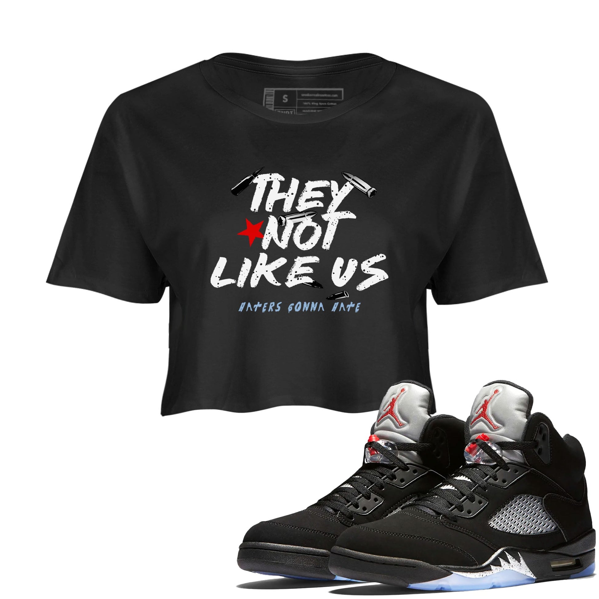 5s Black Metallic Reimagined shirts to match jordans They Not Like Us best t shirts to wear with jordans Air Jordan 5 Reimagined match shoes to clothes SNRT Sneaker Tees unisex cotton Black 1 crop tee