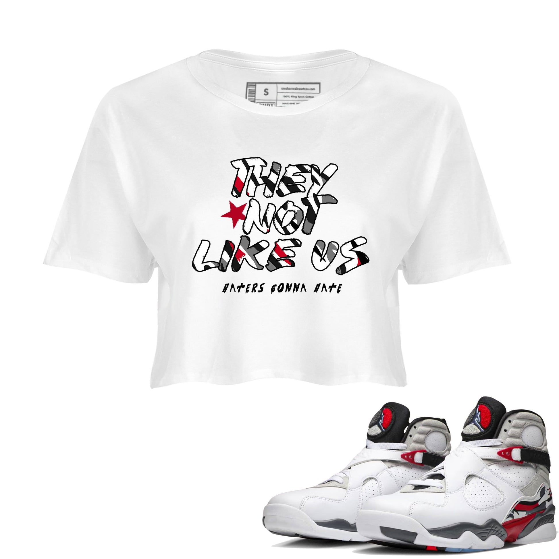 Sneaker match tees – Sneaker Tees To Match Air Jordan 8 Bunny Shoes Air Jordan 8 Bunny White and True Red – They Not Like Us Crop T-Shirt White 1
