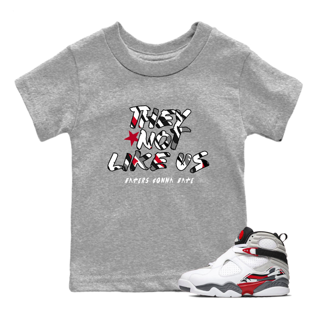 Sneaker match tees – Sneaker Tees To Match Air Jordan 8 Bunny Shoes Air Jordan 8 Bunny White and True Red – They Not Like Us Kids T-Shirt Heather Grey 1