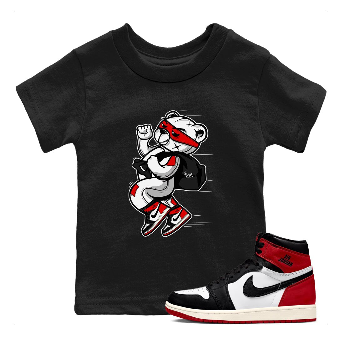 1s Black Toe Reimagined shirts to match jordans Thief Bear sneaker match tees Air Jordan 1 Black Toe Reimagined SNRT Sneaker Release Tees Youth Baby Black 1 crew neck shirts