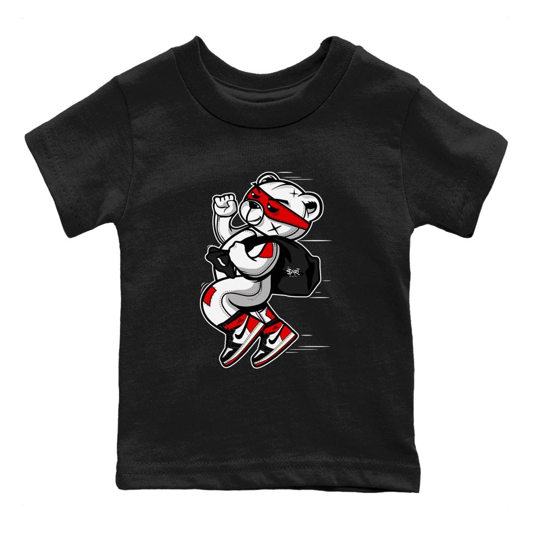 1s Black Toe Reimagined shirts to match jordans Thief Bear sneaker match tees Air Jordan 1 Black Toe Reimagined SNRT Sneaker Release Tees Youth Baby Black 2 crew neck shirts