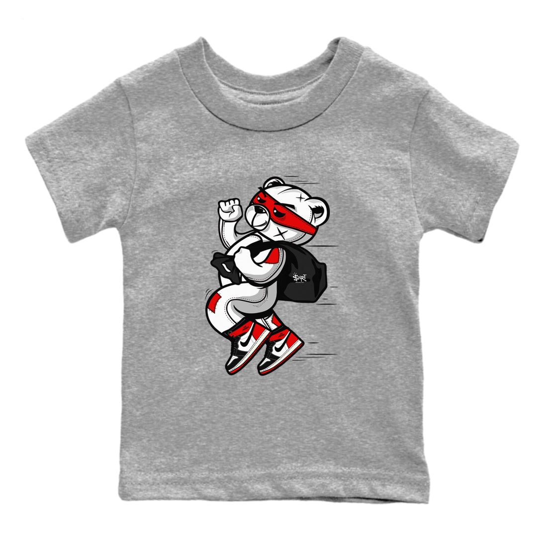 1s Black Toe Reimagined shirts to match jordans Thief Bear sneaker match tees Air Jordan 1 Black Toe Reimagined SNRT Sneaker Release Tees Youth Baby Heather Grey 2 crew neck shirts