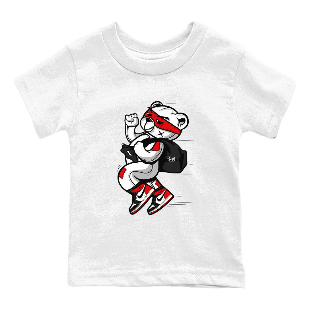 1s Black Toe Reimagined shirts to match jordans Thief Bear sneaker match tees Air Jordan 1 Black Toe Reimagined SNRT Sneaker Release Tees Youth Baby White 2 crew neck shirts