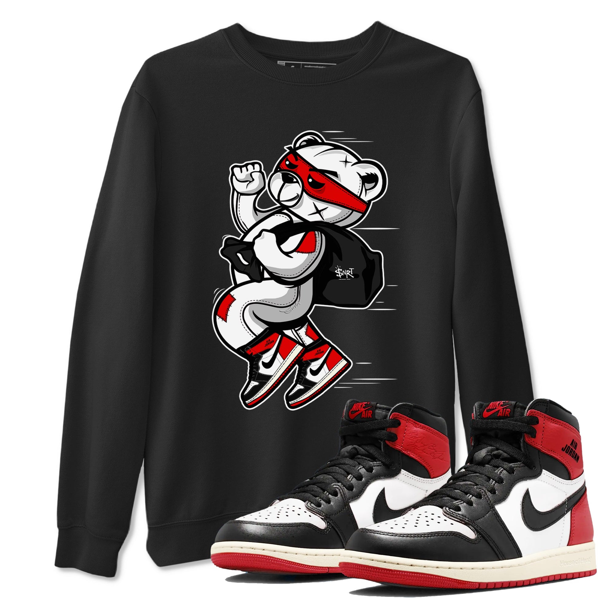 1s Black Toe Reimagined shirts to match jordans Thief Bear sneaker match tees Air Jordan 1 Black Toe Reimagined SNRT Sneaker Release Tees unisex cotton Black 1 crew neck shirts