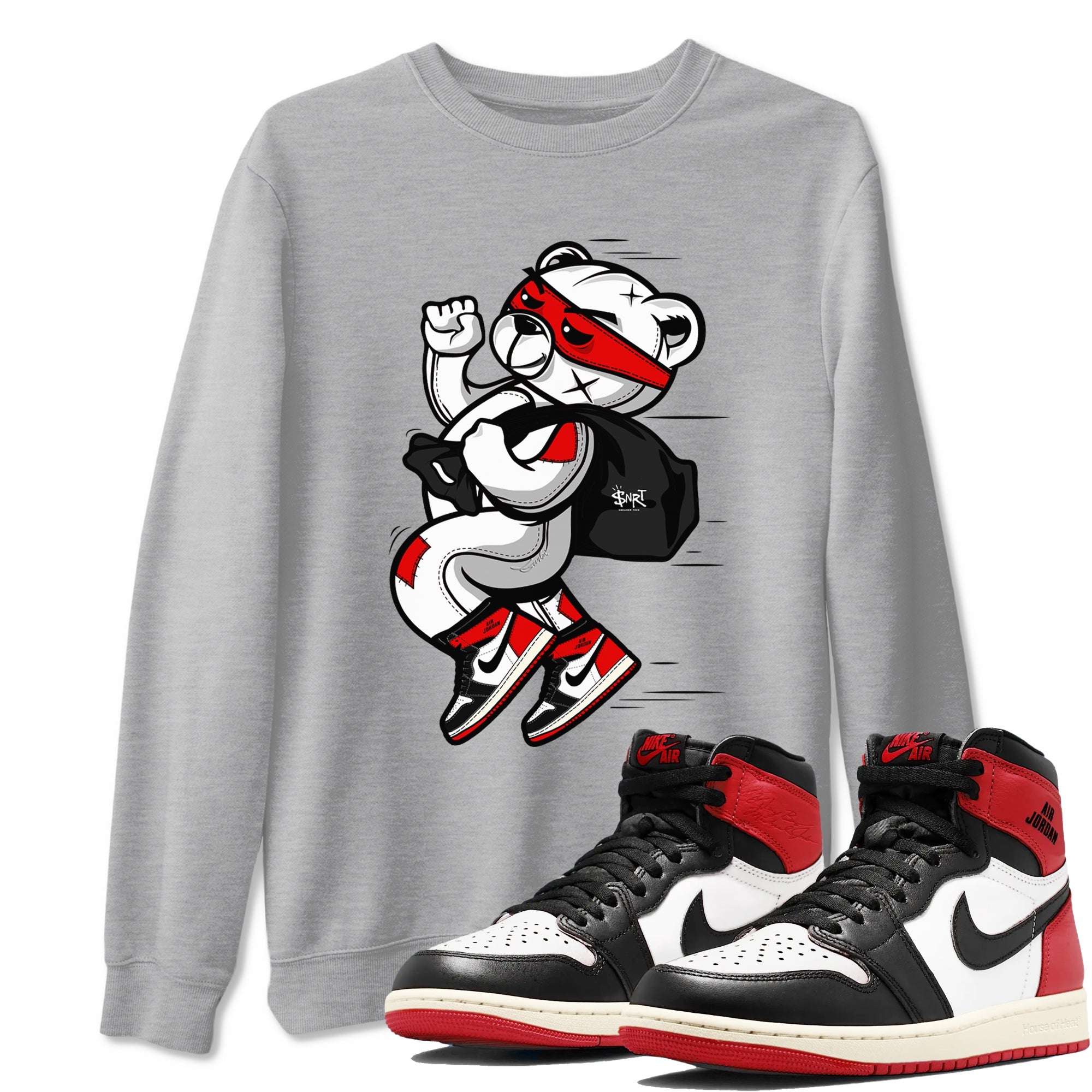 1s Black Toe Reimagined shirts to match jordans Thief Bear sneaker match tees Air Jordan 1 Black Toe Reimagined SNRT Sneaker Release Tees unisex cotton Heather Grey 1 crew neck shirts