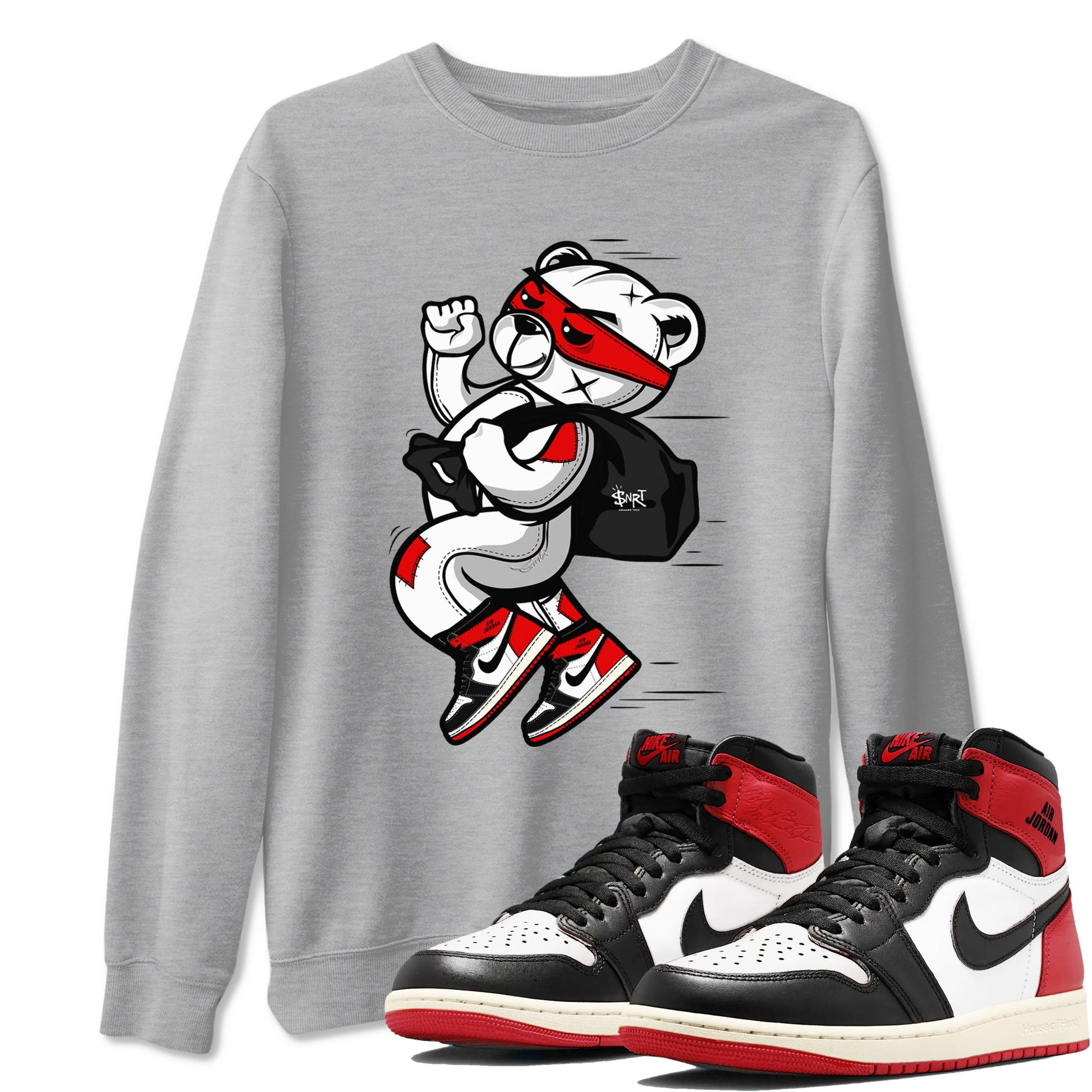 1s Black Toe Reimagined shirts to match jordans Thief Bear sneaker match tees Air Jordan 1 Black Toe Reimagined SNRT Sneaker Release Tees unisex cotton Heather Grey 1 crew neck shirts