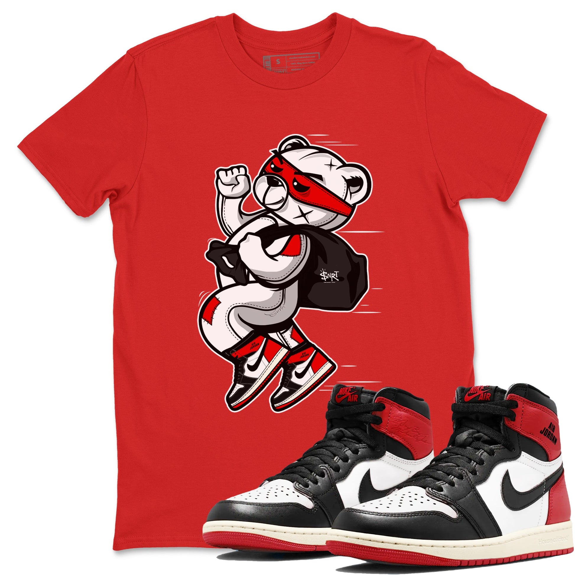 1s Black Toe Reimagined shirts to match jordans Thief Bear sneaker match tees Air Jordan 1 Black Toe Reimagined SNRT Sneaker Release Tees unisex cotton Red 1 crew neck shirts