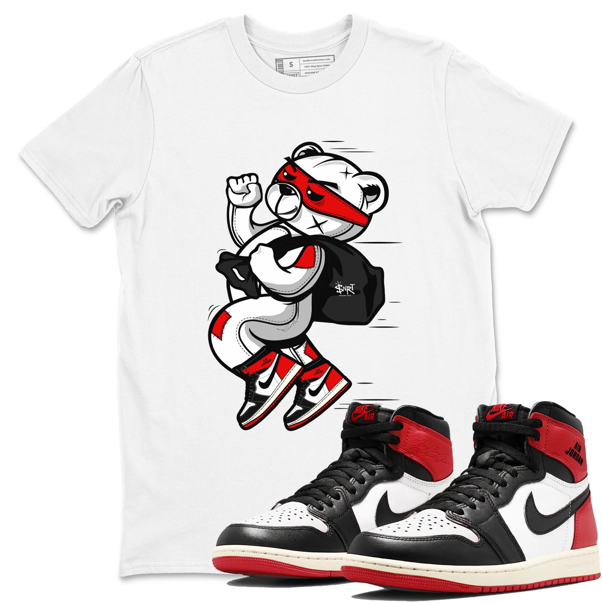 1s Black Toe Reimagined shirts to match jordans Thief Bear sneaker match tees Air Jordan 1 Black Toe Reimagined SNRT Sneaker Release Tees unisex cotton White 1 crew neck shirts