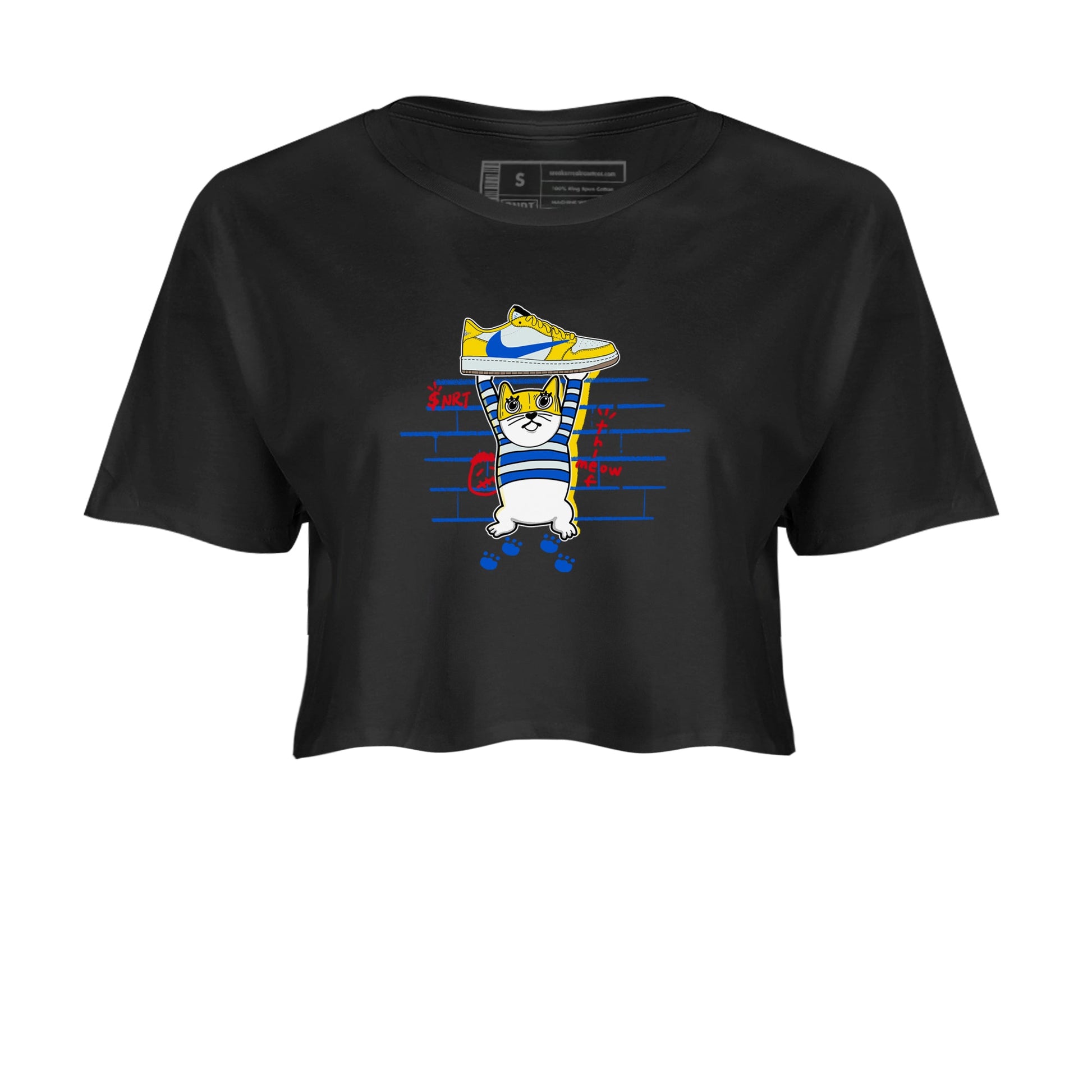 Air Jordan 1 Travis x Scott x Canary shirt to match jordans Thief Cat sneaker tees Air Jordan 1 Travis Scott Canary SNRT Sneaker Release Tees Black 2 crop length shirt