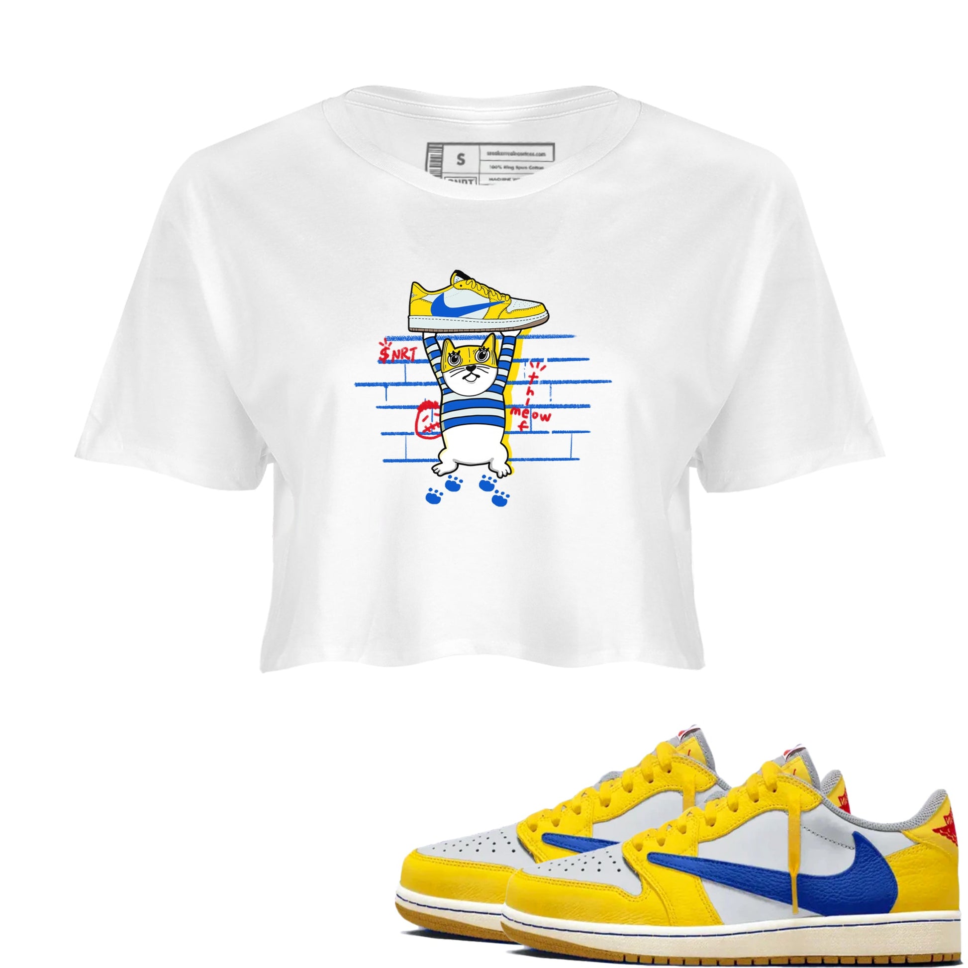 Air Jordan 1 Travis x Scott x Canary shirt to match jordans Thief Cat sneaker tees Air Jordan 1 Travis Scott Canary SNRT Sneaker Release Tees White 1 crop length shirt