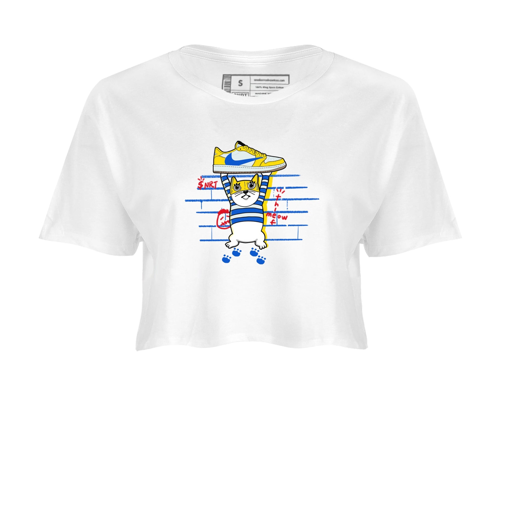 Air Jordan 1 Travis x Scott x Canary shirt to match jordans Thief Cat sneaker tees Air Jordan 1 Travis Scott Canary SNRT Sneaker Release Tees White 2 crop length shirt