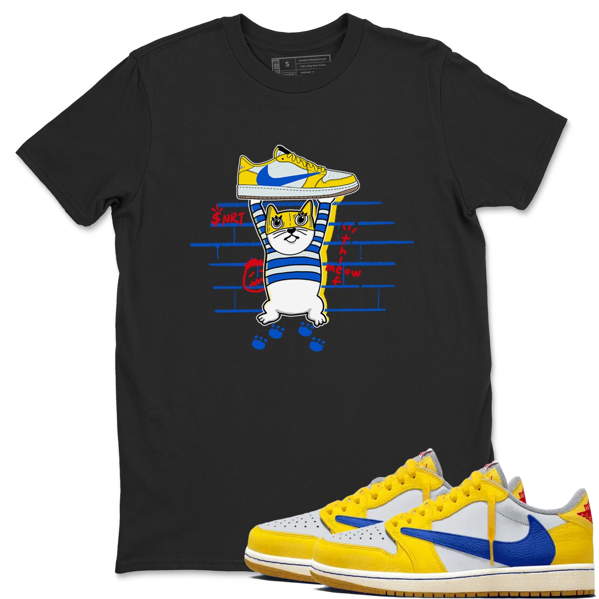 Air Jordan 1 Travis x Scott x Canary shirt to match jordans Thief Cat sneaker tees Air Jordan 1 Travis Scott Canary SNRT Sneaker Release Tees unisex cotton Black 1 crew neck shirt