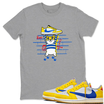 Air Jordan 1 Travis x Scott x Canary shirt to match jordans Thief Cat sneaker tees Air Jordan 1 Travis Scott Canary SNRT Sneaker Release Tees unisex cotton Heather Grey 1 crew neck shirt