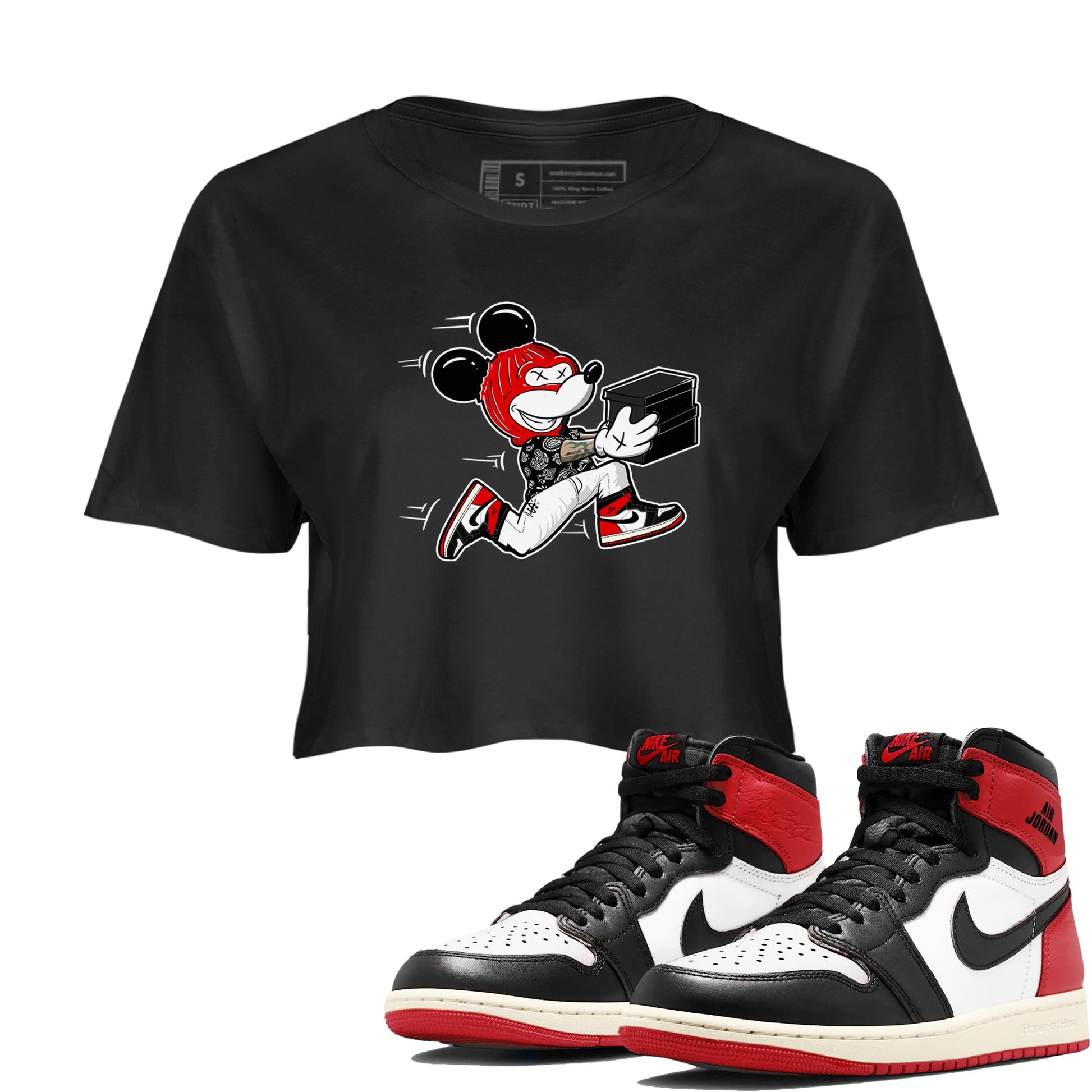 1s Black Toe Reimagined shirts to match jordans Thief Mouse sneaker match tees Air Jordan 1 Black Toe Reimagined SNRT Sneaker Release Tees unisex cotton Black 1 Crop Shirts