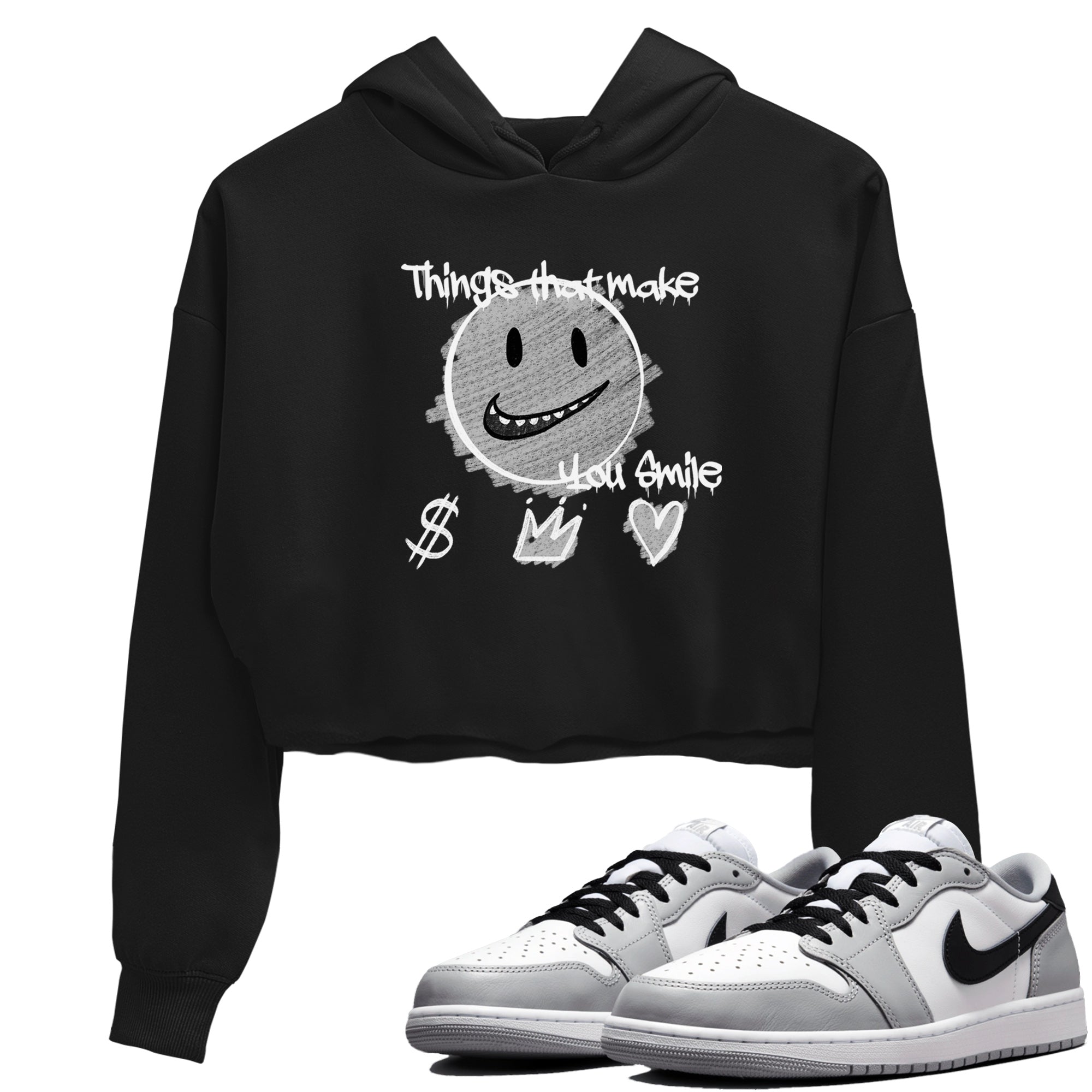 1s Wolf Grey Shirts To Match Jordans Things That Make You Smile Sneaker Match Tees Air Jordan 1 Low OG Wolf Grey SNRT Sneaker Release Tees Streetwear Clothing brand Black 1 crop tee