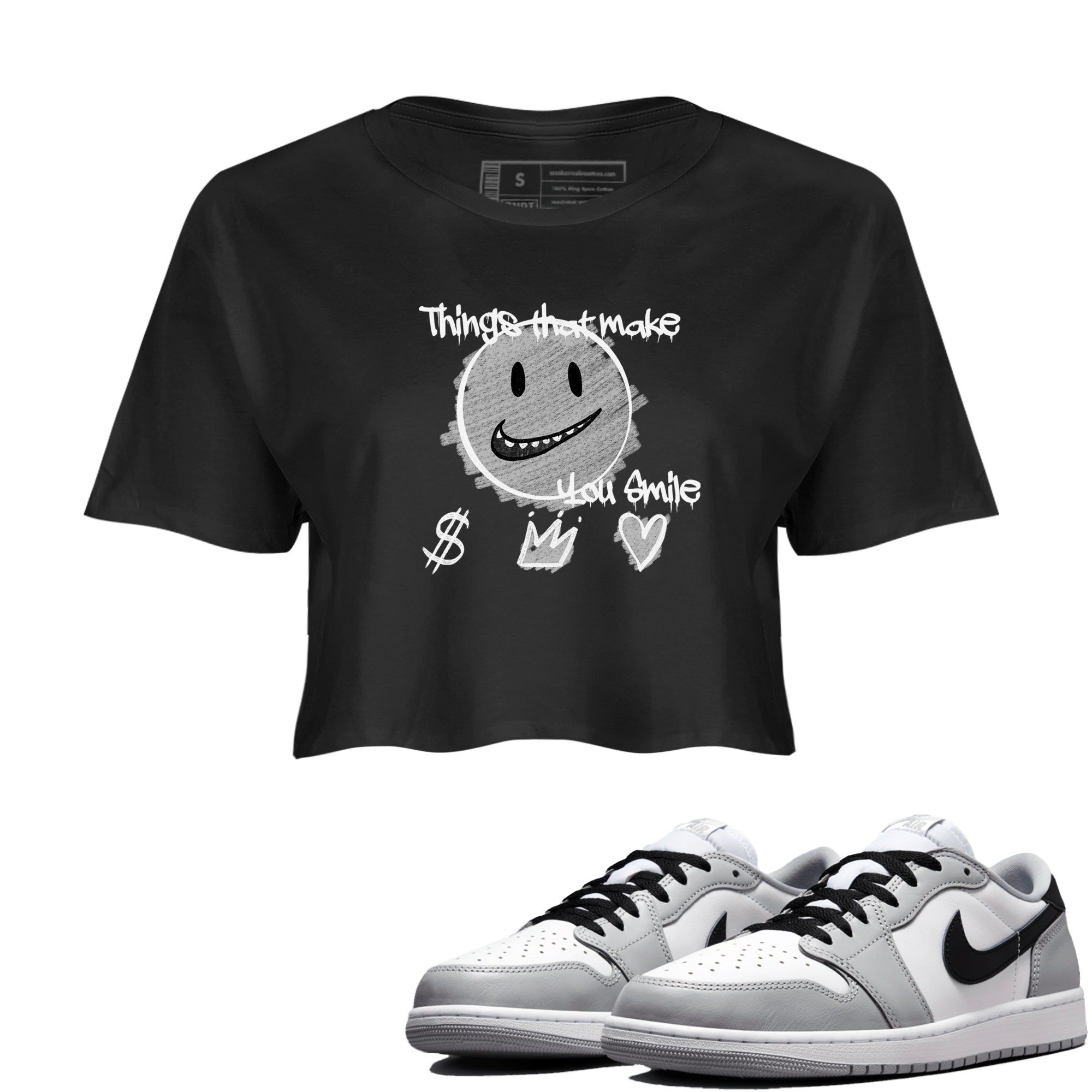 1s Wolf Grey Shirts To Match Jordans Things That Make You Smile Sneaker Match Tees Air Jordan 1 Low OG Wolf Grey SNRT Sneaker Release Tees Streetwear Clothing brand Black 1 crop tee