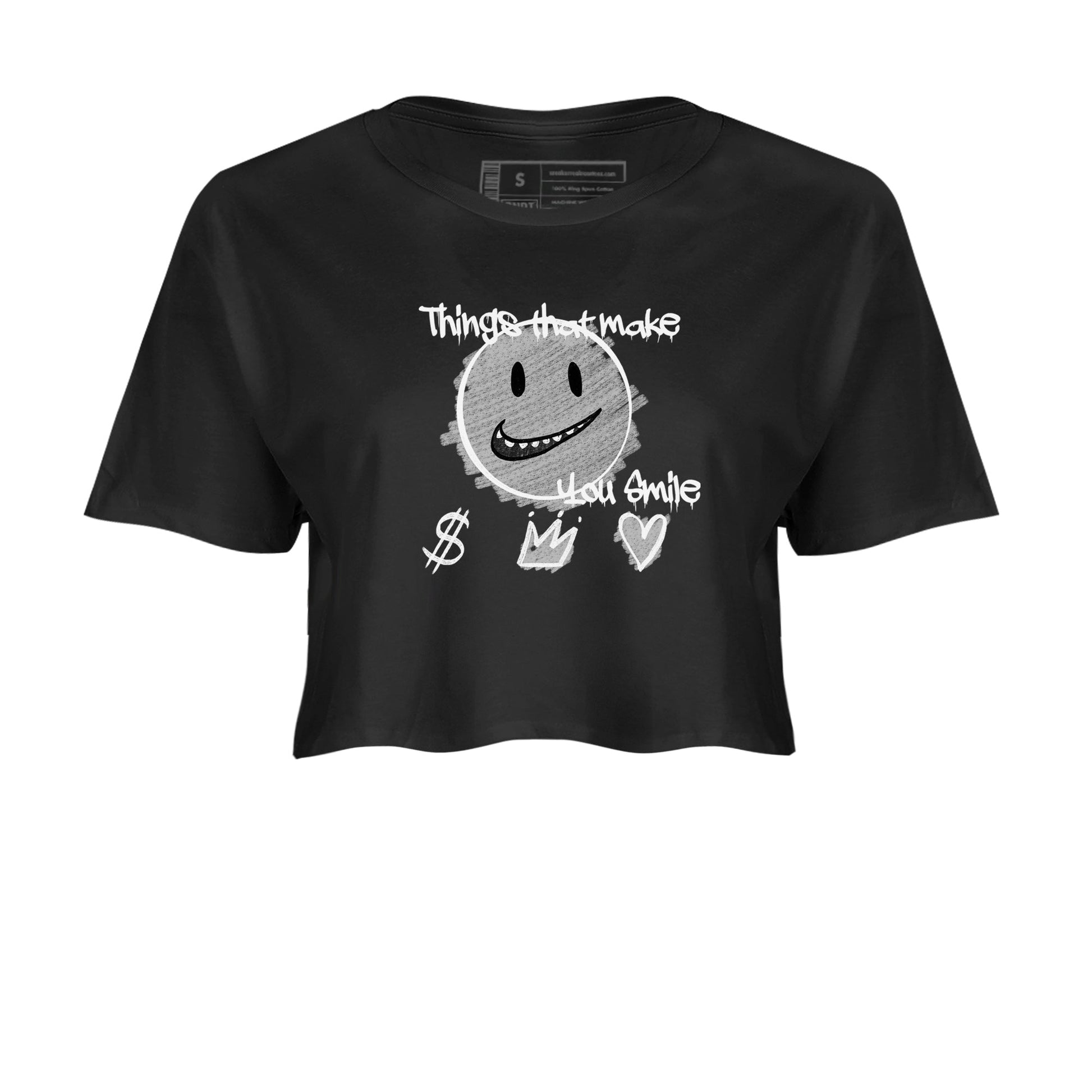 1s Wolf Grey Shirts To Match Jordans Things That Make You Smile Sneaker Match Tees Air Jordan 1 Low OG Wolf Grey SNRT Sneaker Release Tees Streetwear Clothing brand Black 2 crop tee
