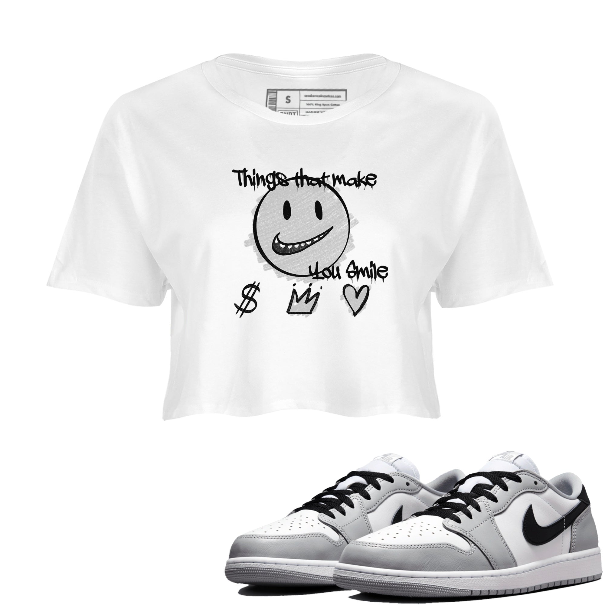 1s Wolf Grey Shirts To Match Jordans Things That Make You Smile Sneaker Match Tees Air Jordan 1 Low OG Wolf Grey SNRT Sneaker Release Tees Streetwear Clothing brand White 1 crop tee