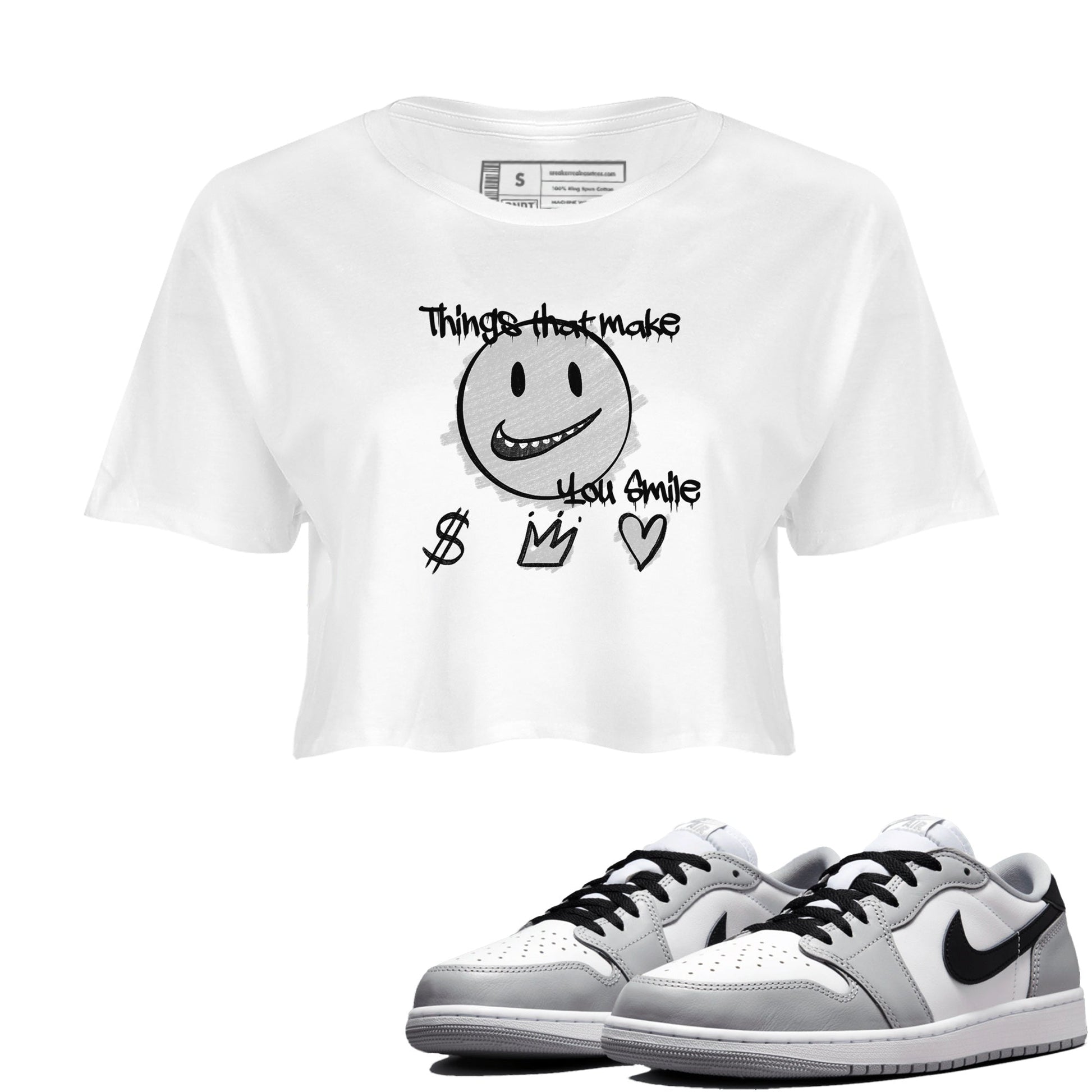 1s Wolf Grey Shirts To Match Jordans Things That Make You Smile Sneaker Match Tees Air Jordan 1 Low OG Wolf Grey SNRT Sneaker Release Tees Streetwear Clothing brand White 1 crop tee