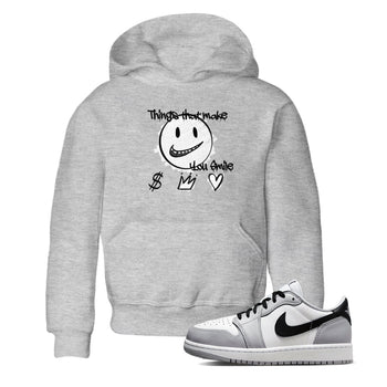 1s Wolf Grey Shirts To Match Jordans Things That Make You Smile Sneaker Match Tees Air Jordan 1 Low OG Wolf Grey SNRT Sneaker Release Tees Streetwear Clothing brand Baby and Youth Heather Grey 1 cotton tee