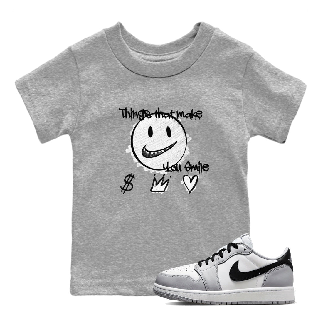 1s Wolf Grey Shirts To Match Jordans Things That Make You Smile Sneaker Match Tees Air Jordan 1 Low OG Wolf Grey SNRT Sneaker Release Tees Streetwear Clothing brand Baby and Youth Heather Grey 1 cotton tee