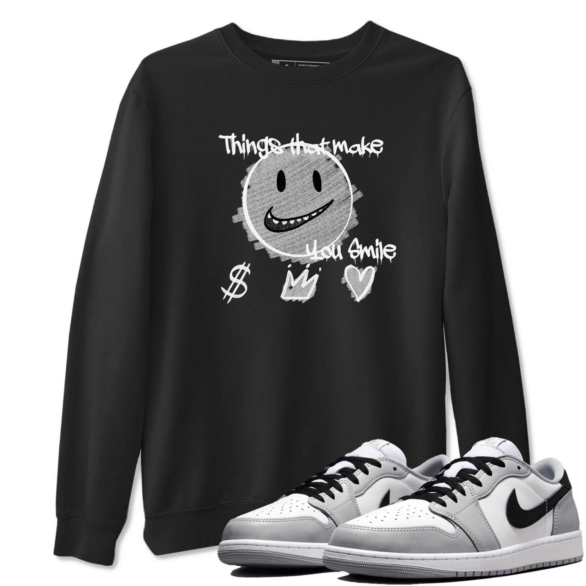 1s Wolf Grey Shirts To Match Jordans Things That Make You Smile Sneaker Match Tees Air Jordan 1 Low OG Wolf Grey SNRT Sneaker Release Tees Streetwear Clothing brand Black 1 unisex cotton tee