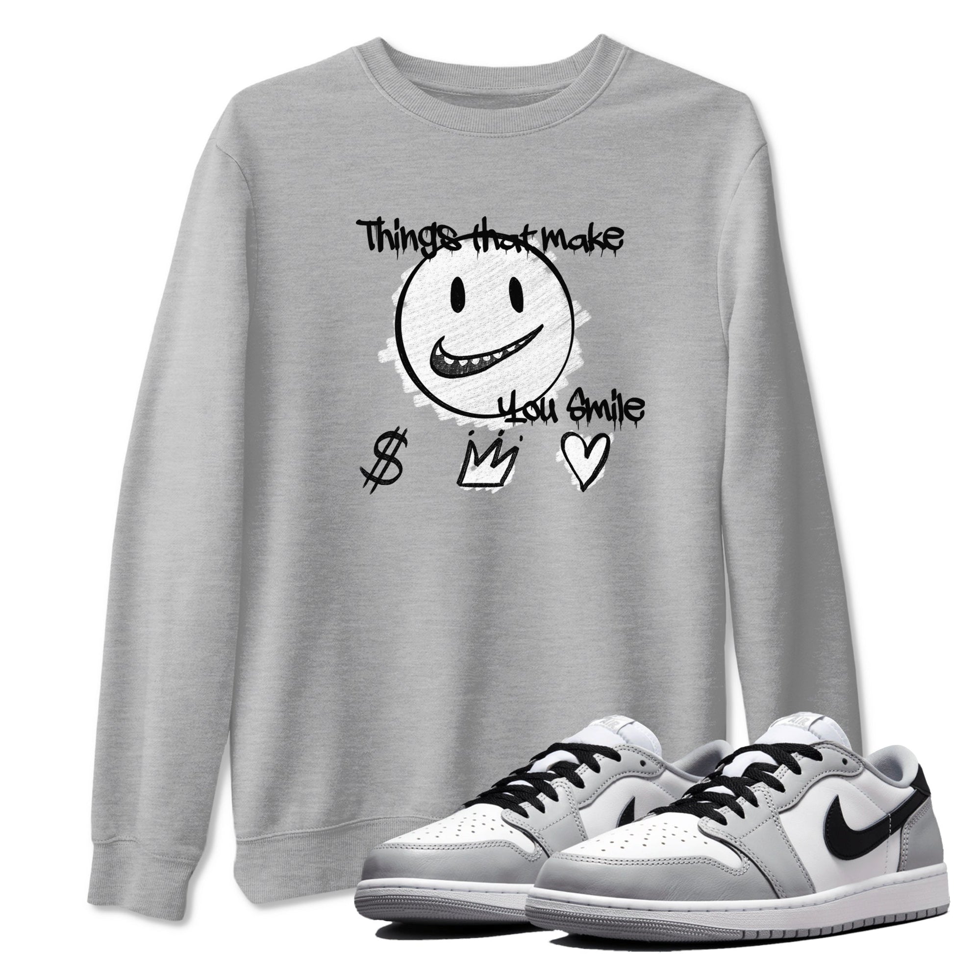 1s Wolf Grey Shirts To Match Jordans Things That Make You Smile Sneaker Match Tees Air Jordan 1 Low OG Wolf Grey SNRT Sneaker Release Tees Streetwear Clothing brand Heather Grey 1 unisex cotton tee