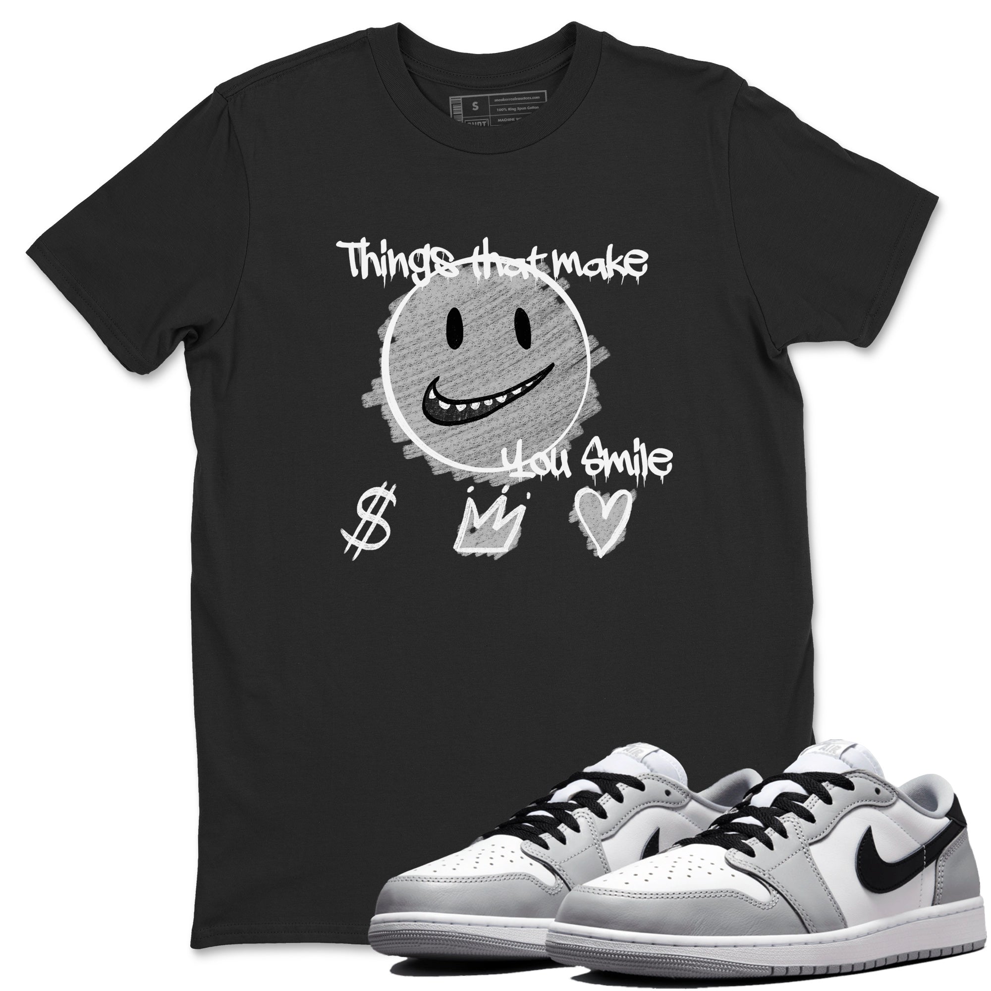1s Wolf Grey Shirts To Match Jordans Things That Make You Smile Sneaker Match Tees Air Jordan 1 Low OG Wolf Grey SNRT Sneaker Release Tees Streetwear Clothing brand Black 1 unisex cotton tee