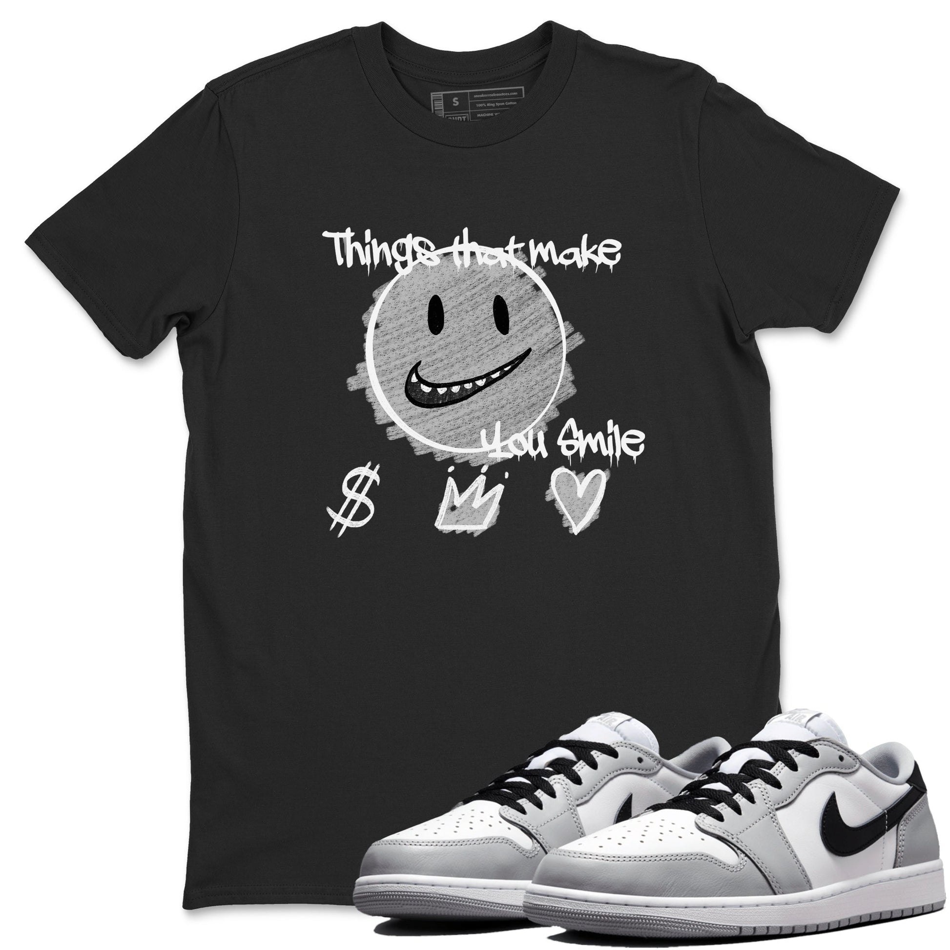1s Wolf Grey Shirts To Match Jordans Things That Make You Smile Sneaker Match Tees Air Jordan 1 Low OG Wolf Grey SNRT Sneaker Release Tees Streetwear Clothing brand Black 1 unisex cotton tee
