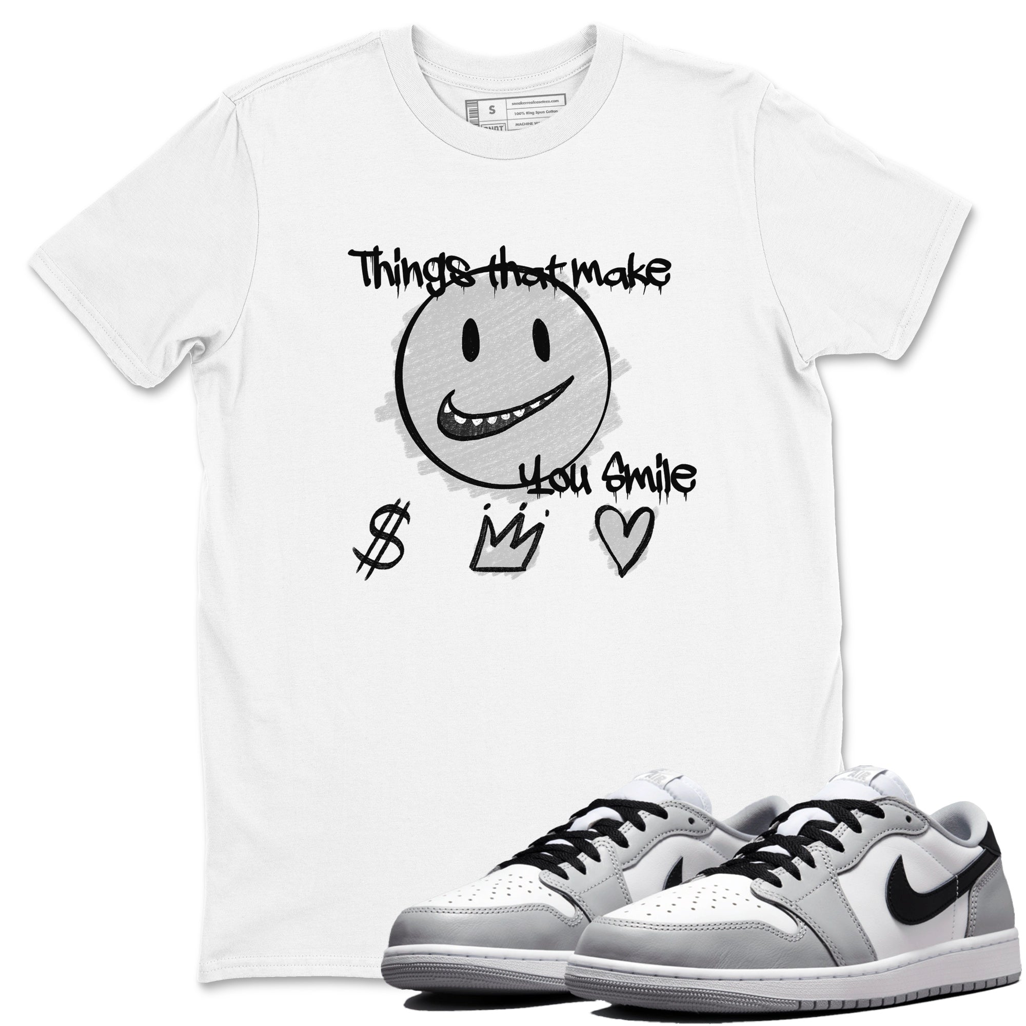 1s Wolf Grey Shirts To Match Jordans Things That Make You Smile Sneaker Match Tees Air Jordan 1 Low OG Wolf Grey SNRT Sneaker Release Tees Streetwear Clothing brand White 1 unisex cotton tee