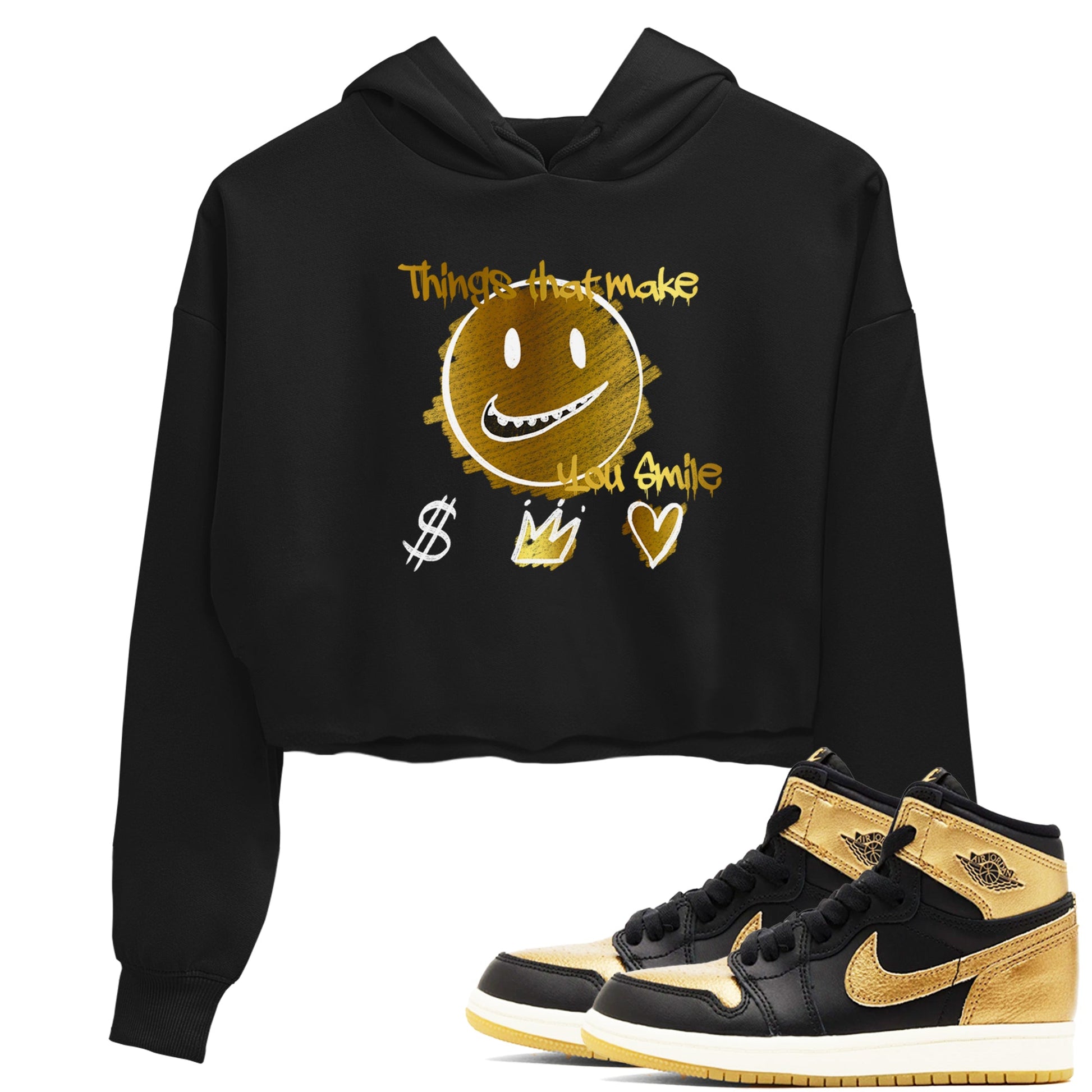 Jordan 1 High OG Black and Gold shirts to match jordans Things That Make You Smile sneaker match tees Air Jordan 1 High OG Black Metallic Gold SNRT Sneaker Release Tees Clothing Sneakerhead ShirtsBlack 1 crop tee