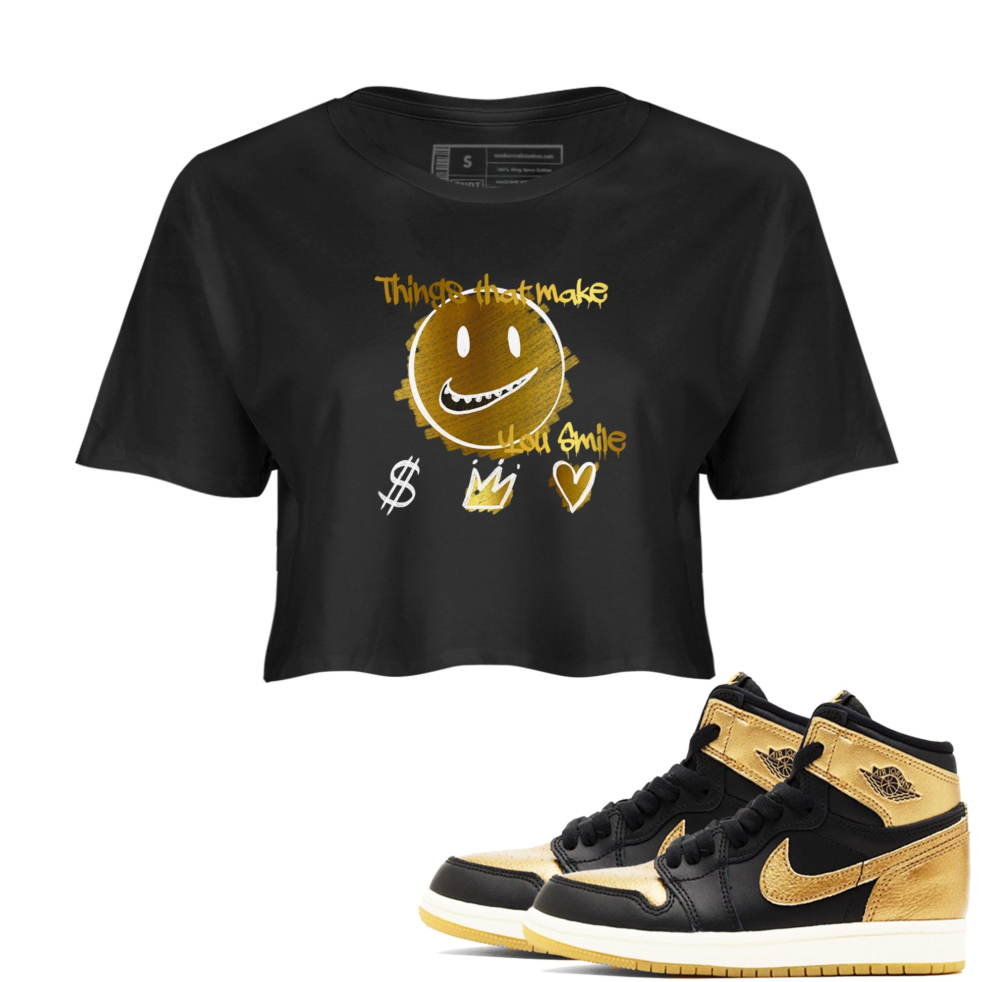 Jordan 1 High OG Black and Gold shirts to match jordans Things That Make You Smile sneaker match tees Air Jordan 1 High OG Black Metallic Gold SNRT Sneaker Release Tees Clothing Sneakerhead ShirtsBlack 1 crop tee
