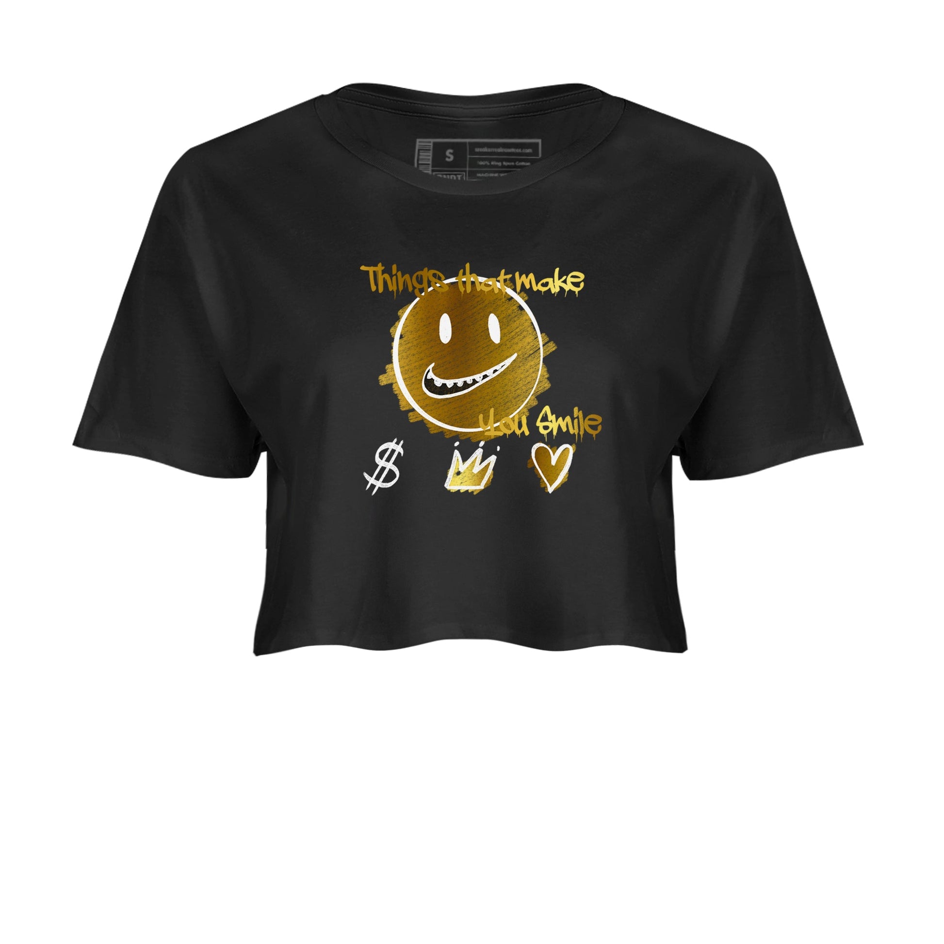 Jordan 1 High OG Black and Gold shirts to match jordans Things That Make You Smile sneaker match tees Air Jordan 1 High OG Black Metallic Gold SNRT Sneaker Release Tees Clothing Sneakerhead ShirtsBlack 2 crop tee