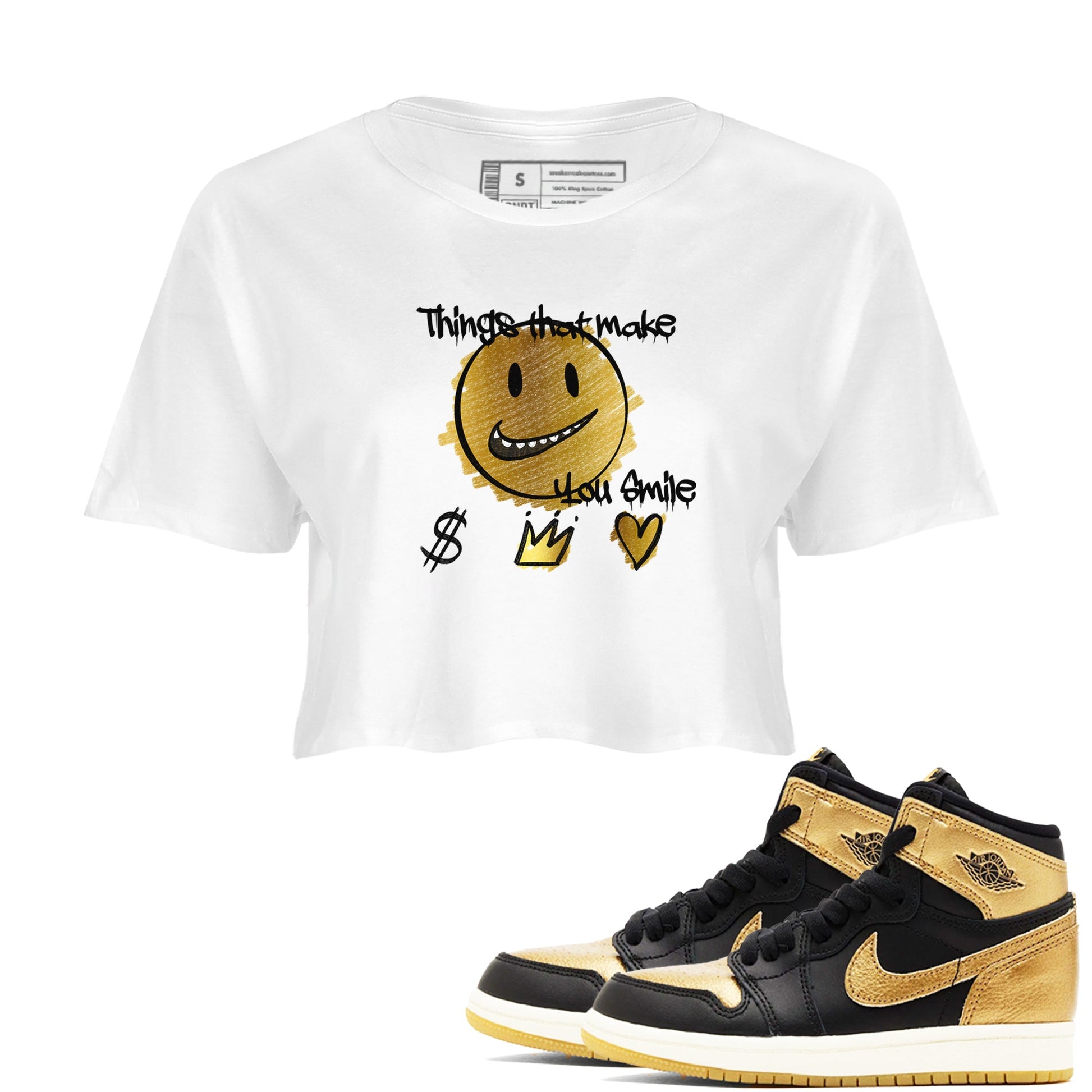 Jordan 1 High OG Black and Gold shirts to match jordans Things That Make You Smile sneaker match tees Air Jordan 1 High OG Black Metallic Gold SNRT Sneaker Release Tees Clothing Sneakerhead ShirtsWhite 1 crop tee