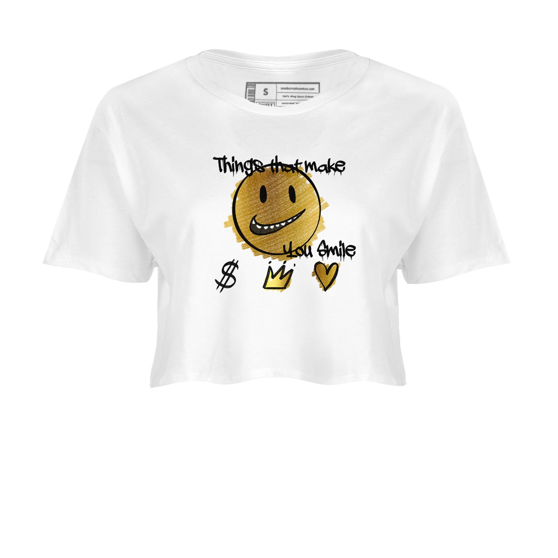 Jordan 1 High OG Black and Gold shirts to match jordans Things That Make You Smile sneaker match tees Air Jordan 1 High OG Black Metallic Gold SNRT Sneaker Release Tees Clothing Sneakerhead ShirtsWhite 2 crop tee