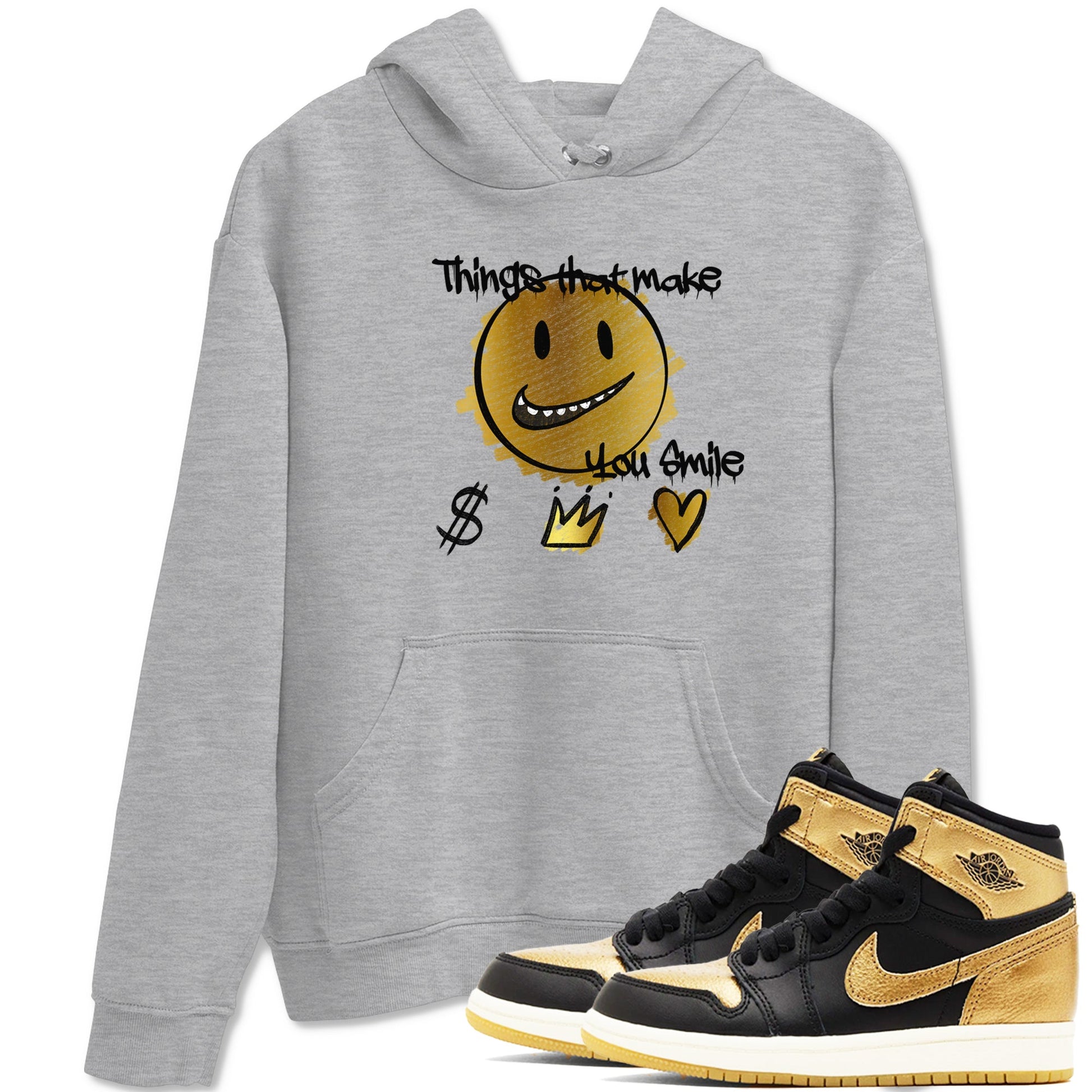 Jordan 1 High OG Black and Gold shirts to match jordans Things That Make You Smile sneaker match tees Air Jordan 1 High OG Black Metallic Gold SNRT Sneaker Release Tees Clothing Sneakerhead ShirtsHeather Grey 1 unisex cotton tee